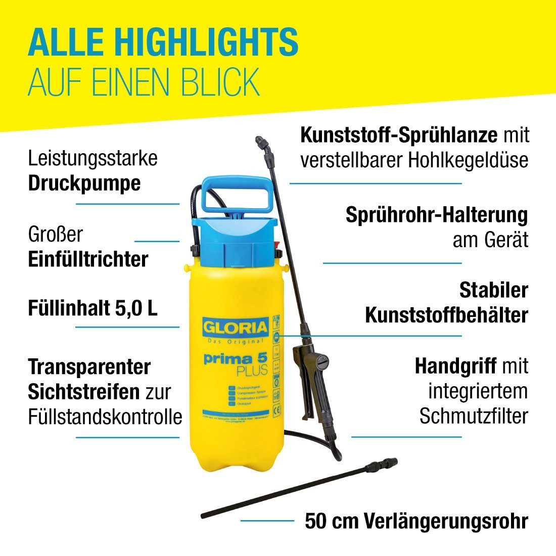 Gloria Drucksprühgerät Gloria Prima 5 PLUS, Drucksprühgerät mit 5 Liter Füllinhalt, (1-tlg), für säurehaltige Pflanzenschutzmittel