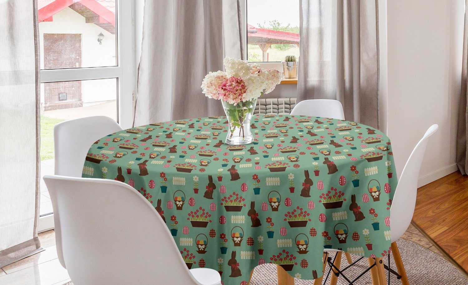 Abakuhaus Tischdecke Kreis Tischdecke Abdeckung für Esszimmer Küche Dekoration, Ostern Schokoladen-Häschen-Eier Tulpen