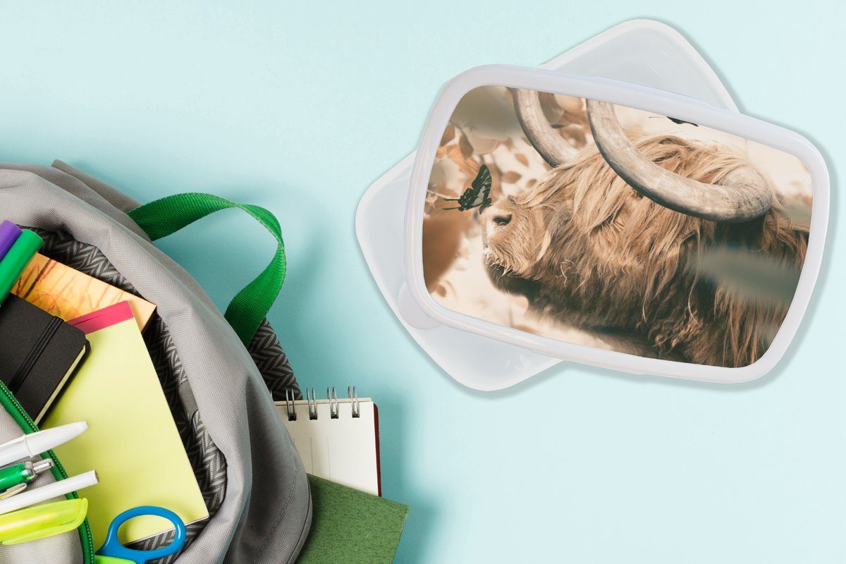 Erwachsene, Kunststoff, und Lunchbox Schmetterling für für Kinder - - Schottischer Brotbox MuchoWow Mädchen Hochländer und Jungs Tiere, Brotdose, (2-tlg), weiß