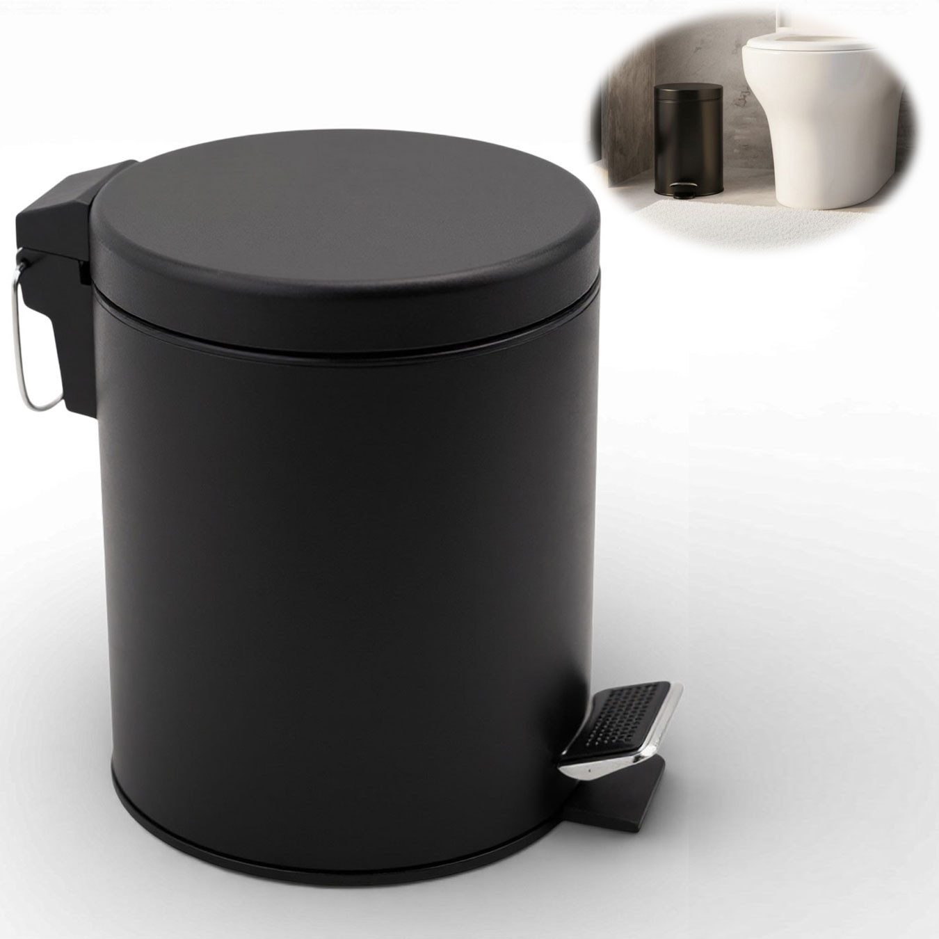 LS-LebenStil Kosmetikeimer Edelstahl Tretmülleimer Papierkorb 3L Schwarz Rund mit Deckel Fußpedal, Kosmetik-Mülleimer Treteimer Bad Badezimmer Küche Mülleimer