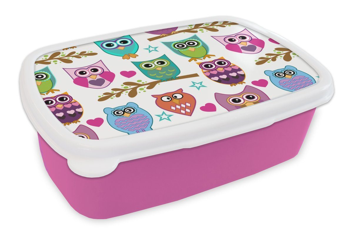 MuchoWow Lunchbox Design - Eulen - Tiere, Kunststoff, (2-tlg), Brotbox für Erwachsene, Brotdose Kinder, Snackbox, Mädchen, Kunststoff rosa