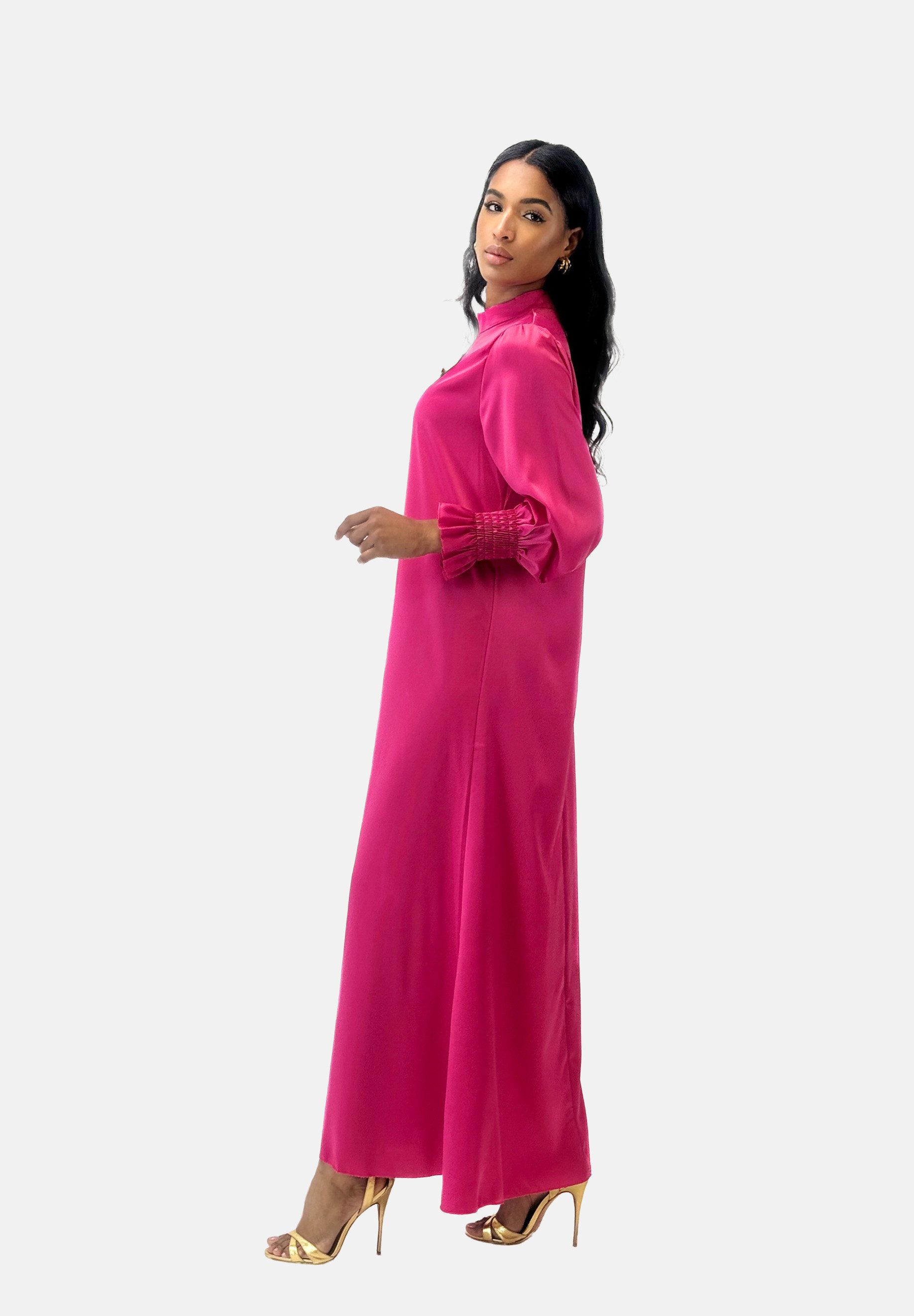 Elara Maxikleid — Damen Abaya One Size mit Stehkragen und Ballonärmeln