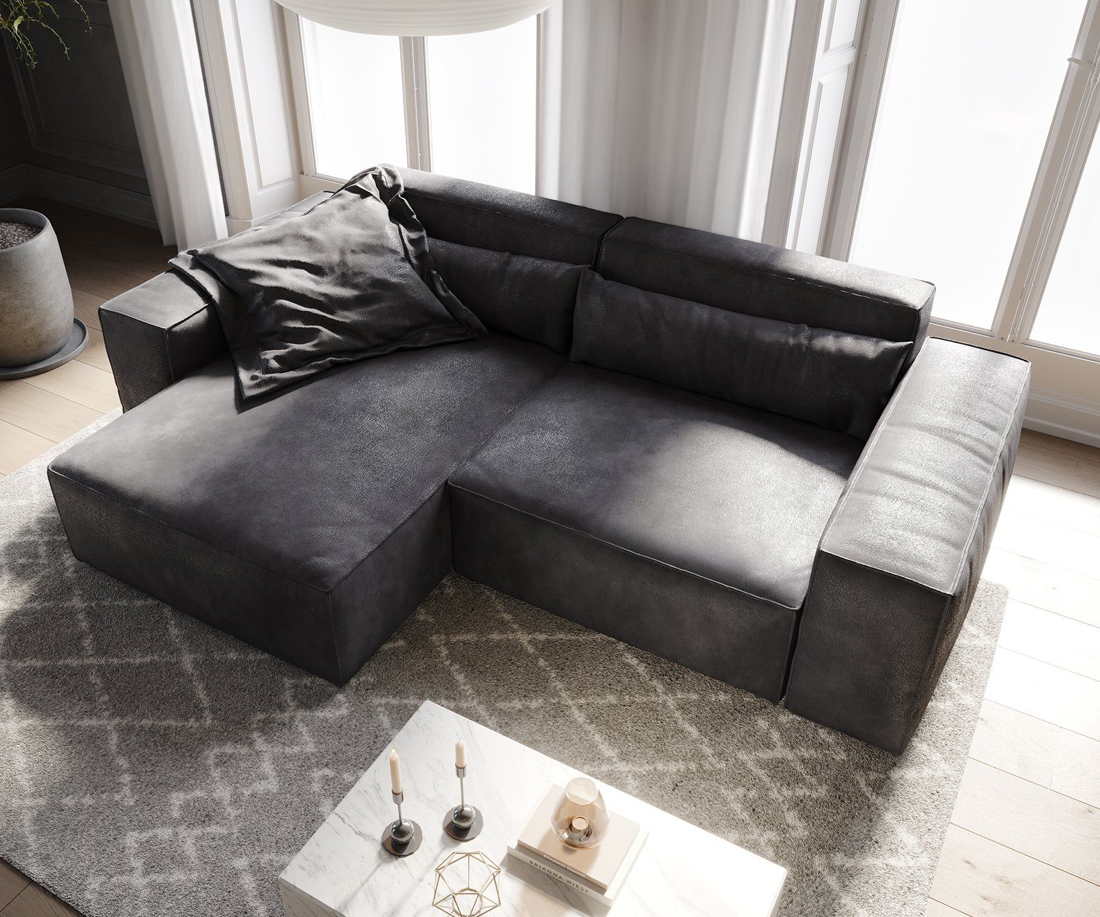 DELIFE Big-Sofa L 260x160 Lederimitat Anthrazit Recamiere variabel cm Sirpio, Vintage