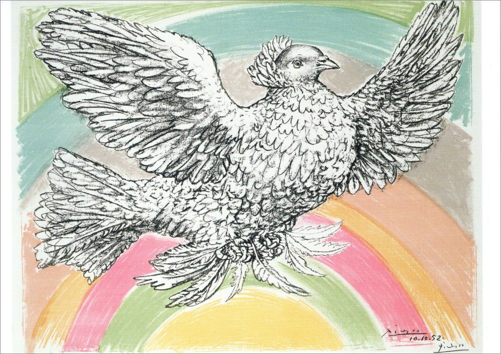 Regenbogen" Postkarte Taube Pablo mit Kunstkarte Picasso "Fliegende