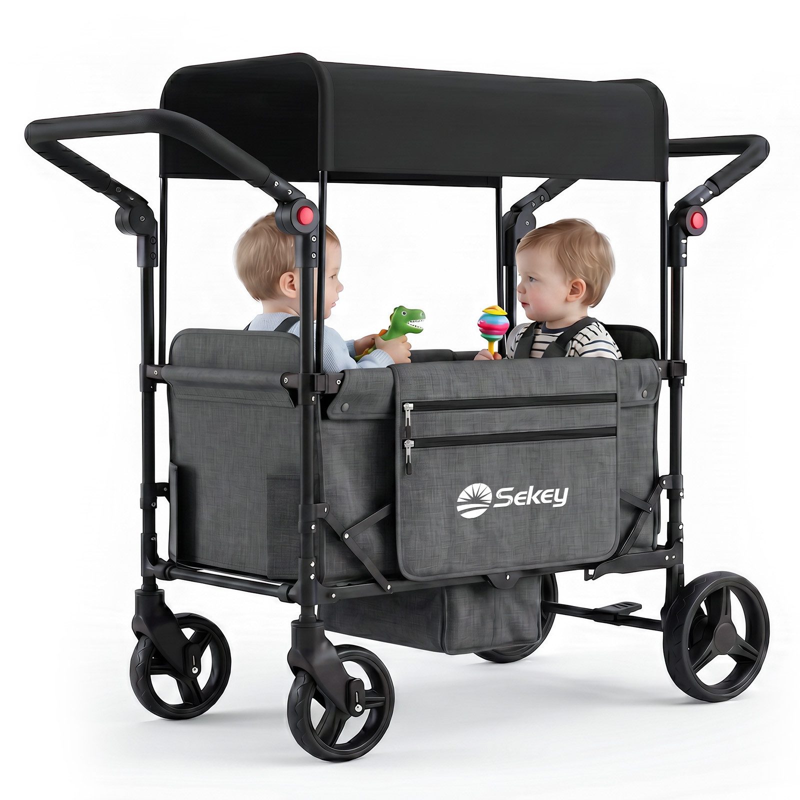 Sekey Bollerwagen Faltbar mit Dach, 1-2 Kinder Bollerwagen mit XXL-Rädern (24/20 cm), Flexibler Innenraum – Sitzen oder Liegen, mit 5-Punkt-Gurtsystem