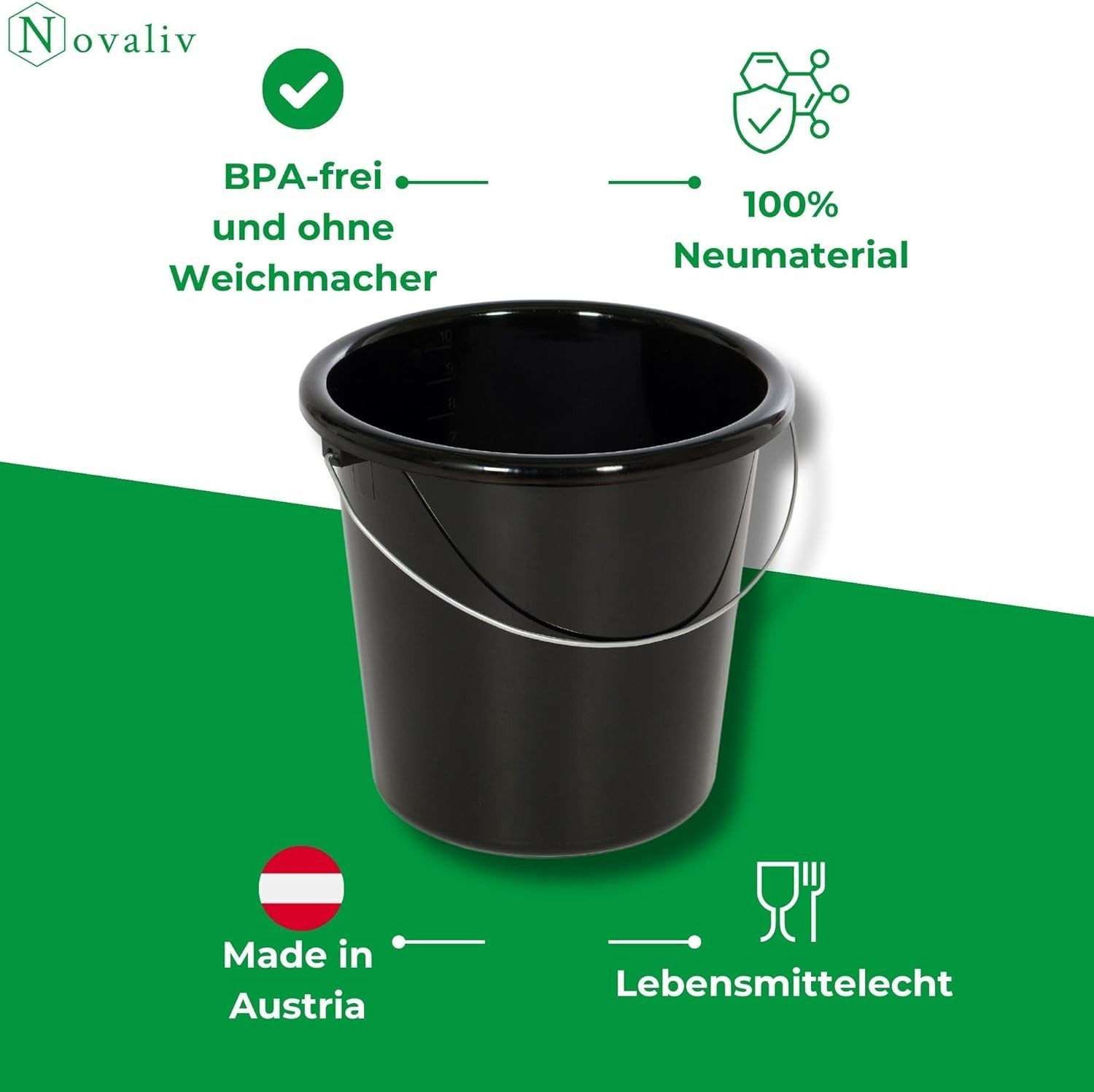 Novaliv Putzeimer 30945-3x, (3-tlg), Novaliv 3 Stück Eimer 10L Schwarz mit Maßeinteilung - Putzeimer 10 Lit