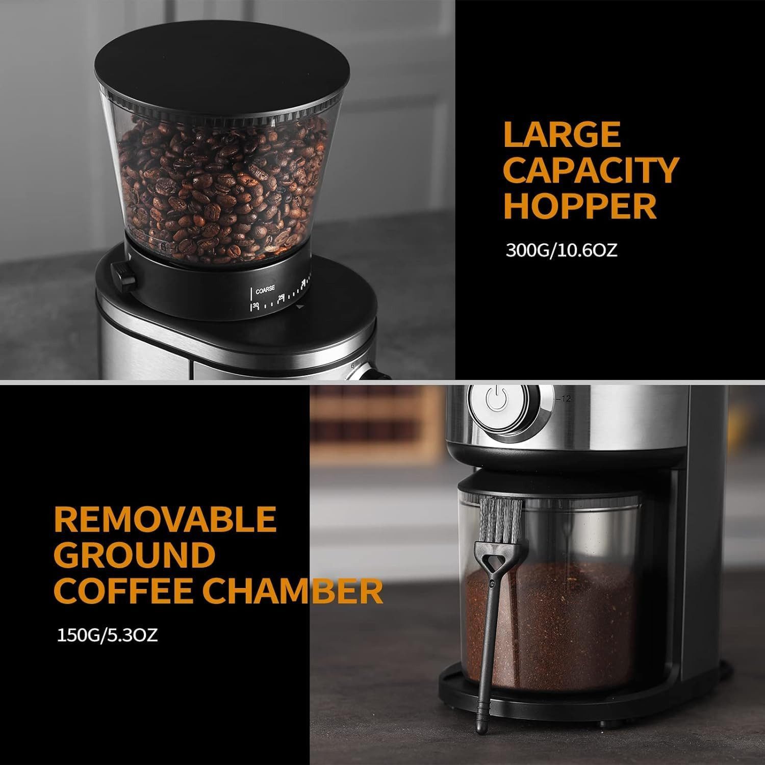 Ollygrin Kaffeemühle Ollygrin Elektrisch Kaffeemühle,30 Mahlstufen Siebträger,Antistatisch, 150 W, konischer Fräser, 300 g Bohnenbehälter, Langlebiger konischer Fräser