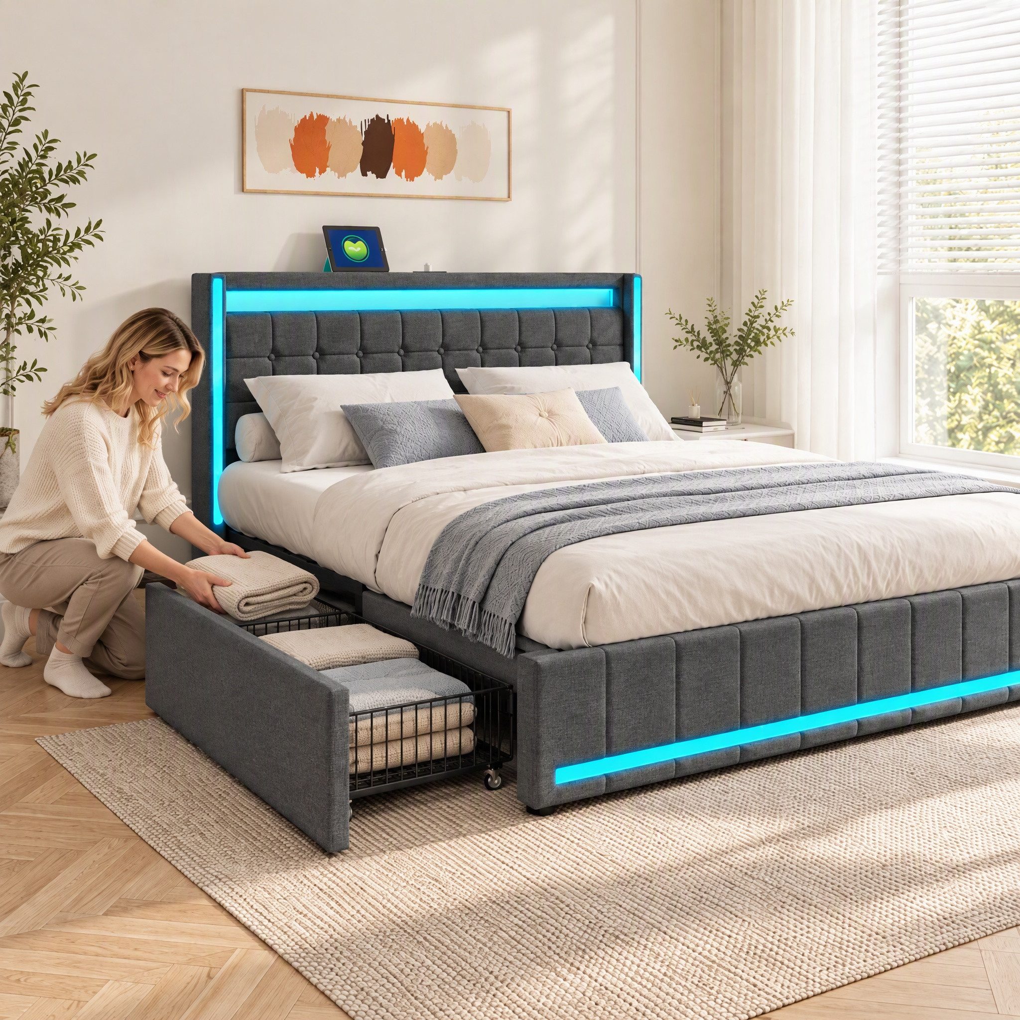 PXloue Polsterbett LED-Bett mit Stauraum und Ladeanschluss (Geeignet für Jugendliche und Erwachsene), Fernbedienung für LED-Farben und sicheres Leinenmaterial 1 – Bild 5 von 5