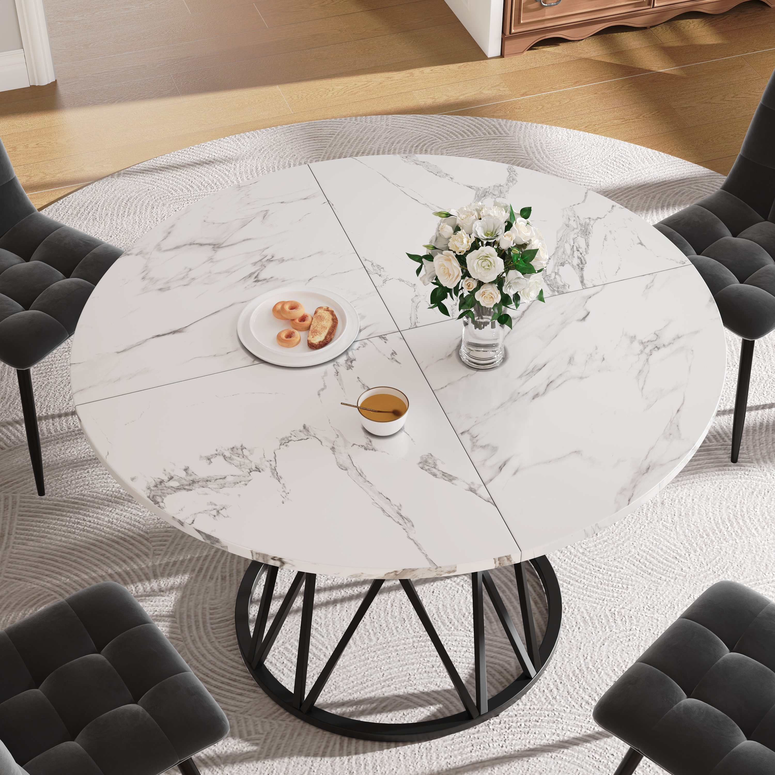 MODFU Essgruppe Stylisches Esstisch,Esszimmerstühle,Esstisch-Set, (Moderner runder Esstisch 100×100×76 cm mit verstellbaren Metallbeinen, hochwertiger MDF-Marmor-Tischplatte & hoher Tragfähigkeit., 1-tlg)