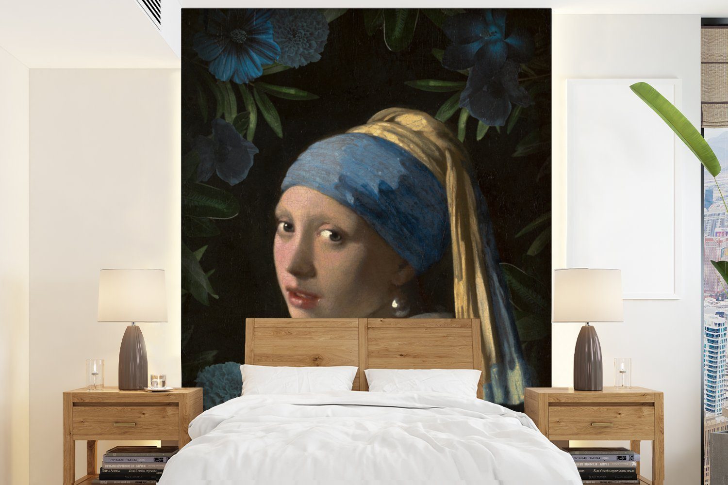 Wohnzimmer, bedruckt, Blumen - Fototapete Tapete Vermeer MuchoWow für mit Montagefertig Matt, Blau, Wandtapete Mädchen - Perlenohrring (4 St), - Vinyl