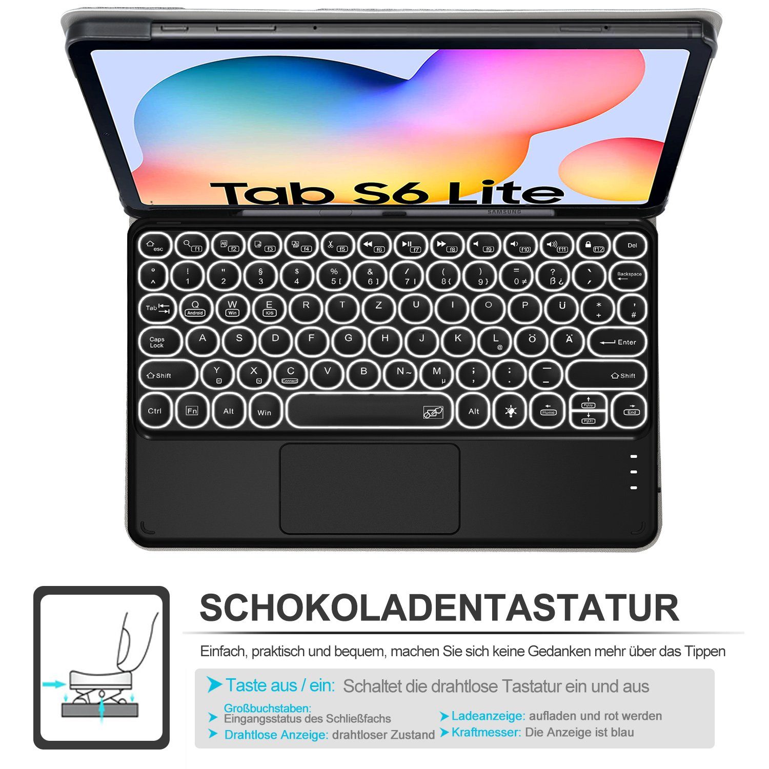 Grau Hülle mit 7 Farben LED-Hintergrundbeleuchtung Kabellose Tastatur für Samsung Galaxy Tab S6 T860/T865 10.5 Zoll ELTD Tastatur Hülle für Samsung Galaxy Tab S6 Deutsches QWERTZ