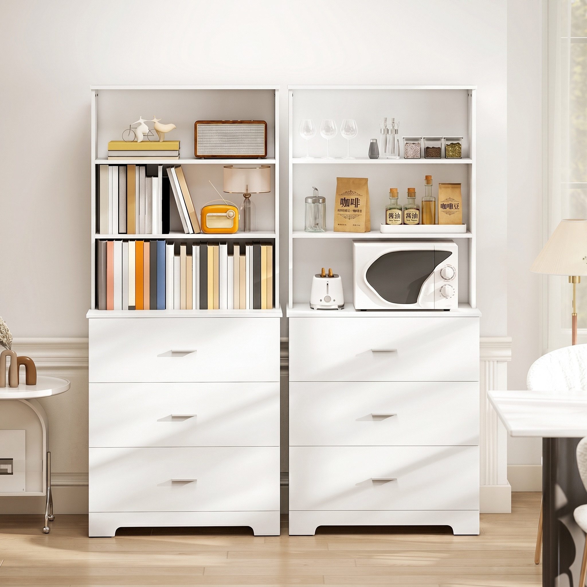 HOMCOM Bücherregal Hochschrank Vitrinenschrank mit 3 Schubladen, 3 offenen Regalen, Bücherschrank 180 cm 1-tlg., für Wohnzimmer, Büro, Weiß – Bild 5 von 5
