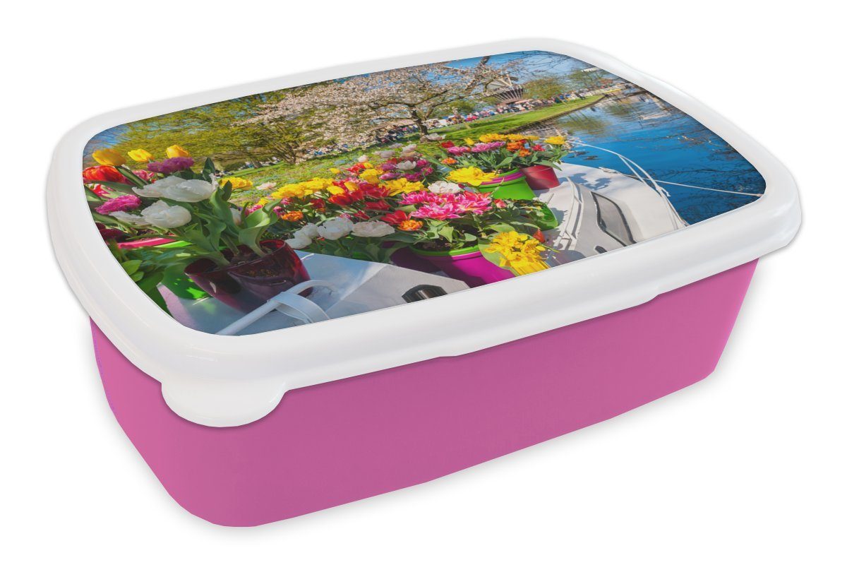 Kinder, Brotbox Snackbox, mit (2-tlg), Kunststoff, Kunststoff MuchoWow Tulpen Südholland, Brotdose in Boot Erwachsene, dem Keukenhof Lunchbox rosa Mädchen, auf für