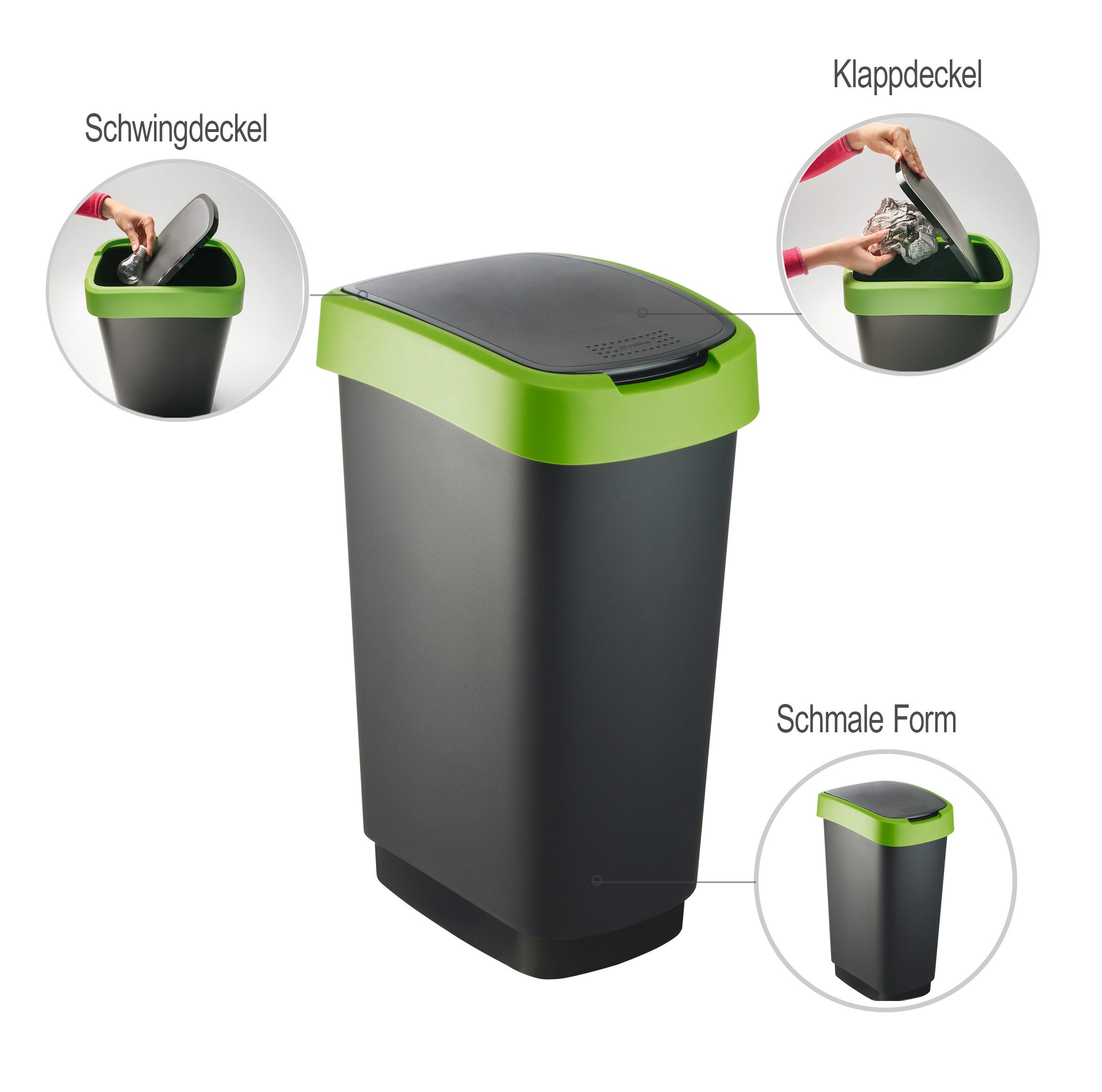 ROTHO Mülleimer TWIST Abfalleimer 50l - 2-in-1 Deckel - ideal zur Mülltrennung zuhause, Sticker-Set für Mülltrennung