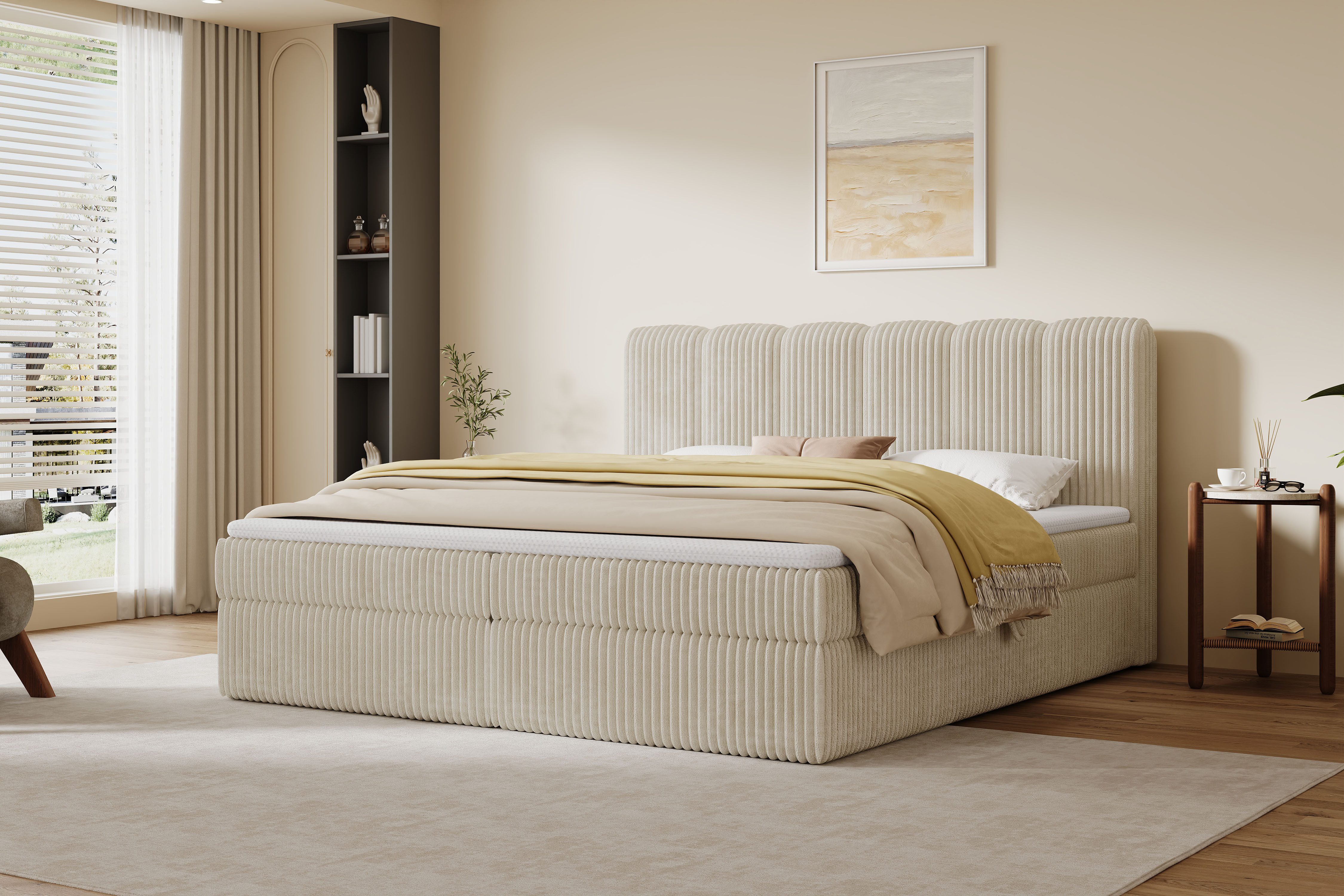 OTTO home Boxbett SIVVA in der Breite 180cm, flauschiger Breitcord, Farbe: cream, inkl. Taschenfederkernmatratze (H3) & Topper (4cm)