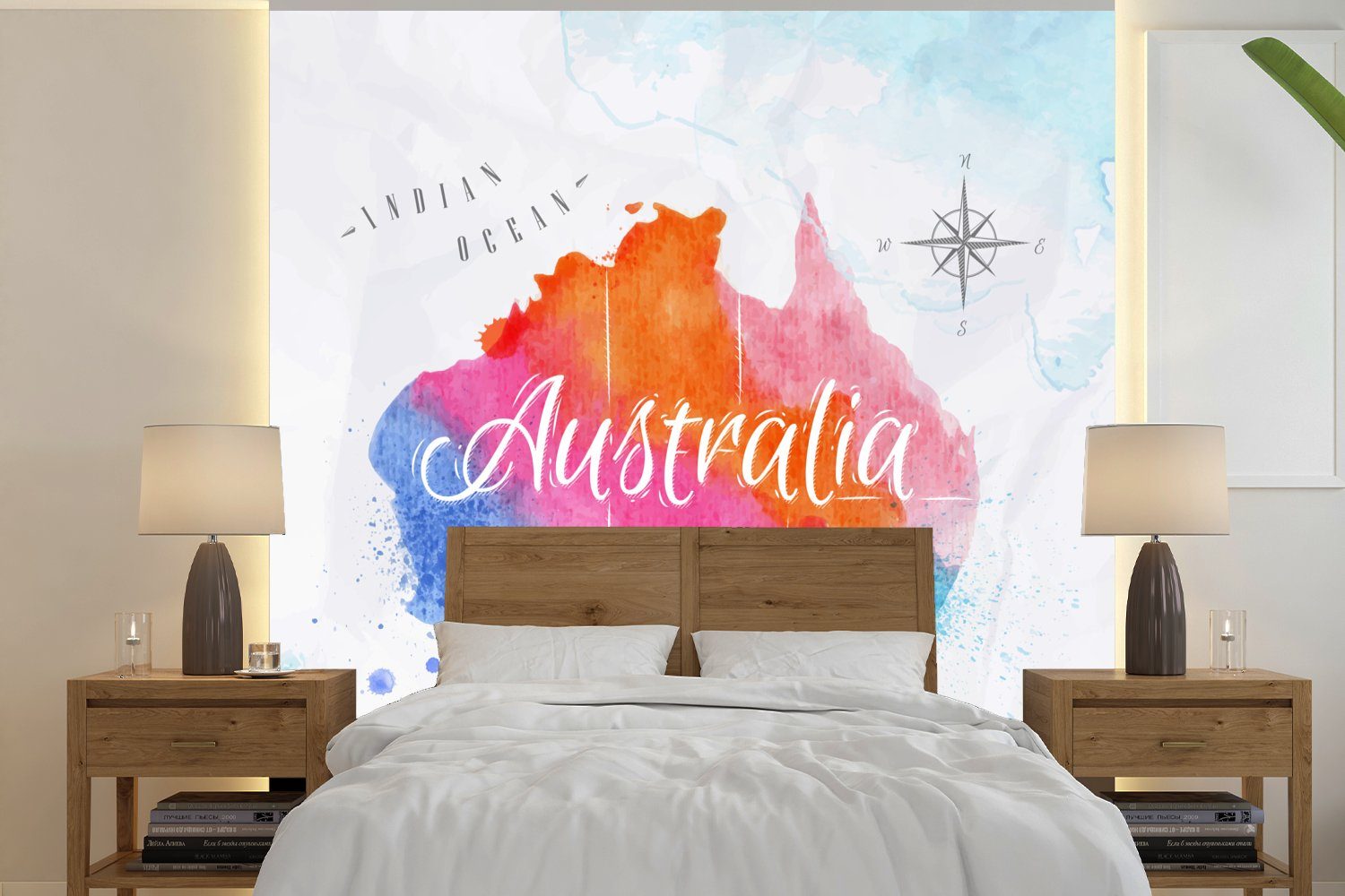 MuchoWow Fototapete Ölgemälde Wohnzimmer (4 Küche, Schlafzimmer Fototapete Vliestapete - Matt, Weltkarte bedruckt, für St), - Australien