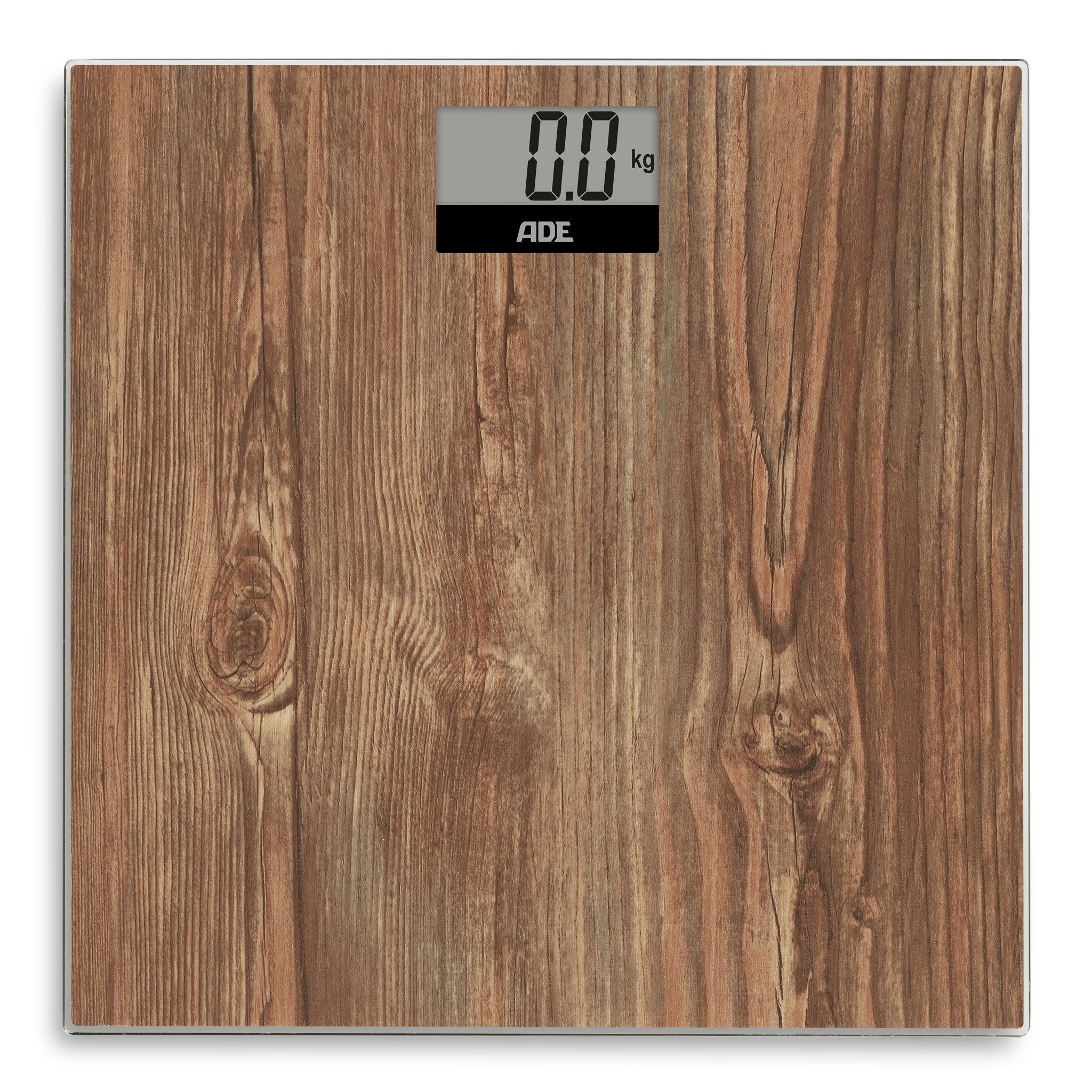 ADE Personenwaage digital, Körperwaage in gemütlicher Holzoptik, rutschhemmende Wiegefläche aus Sicherheitsglas, LCD-Display, bis 180kg