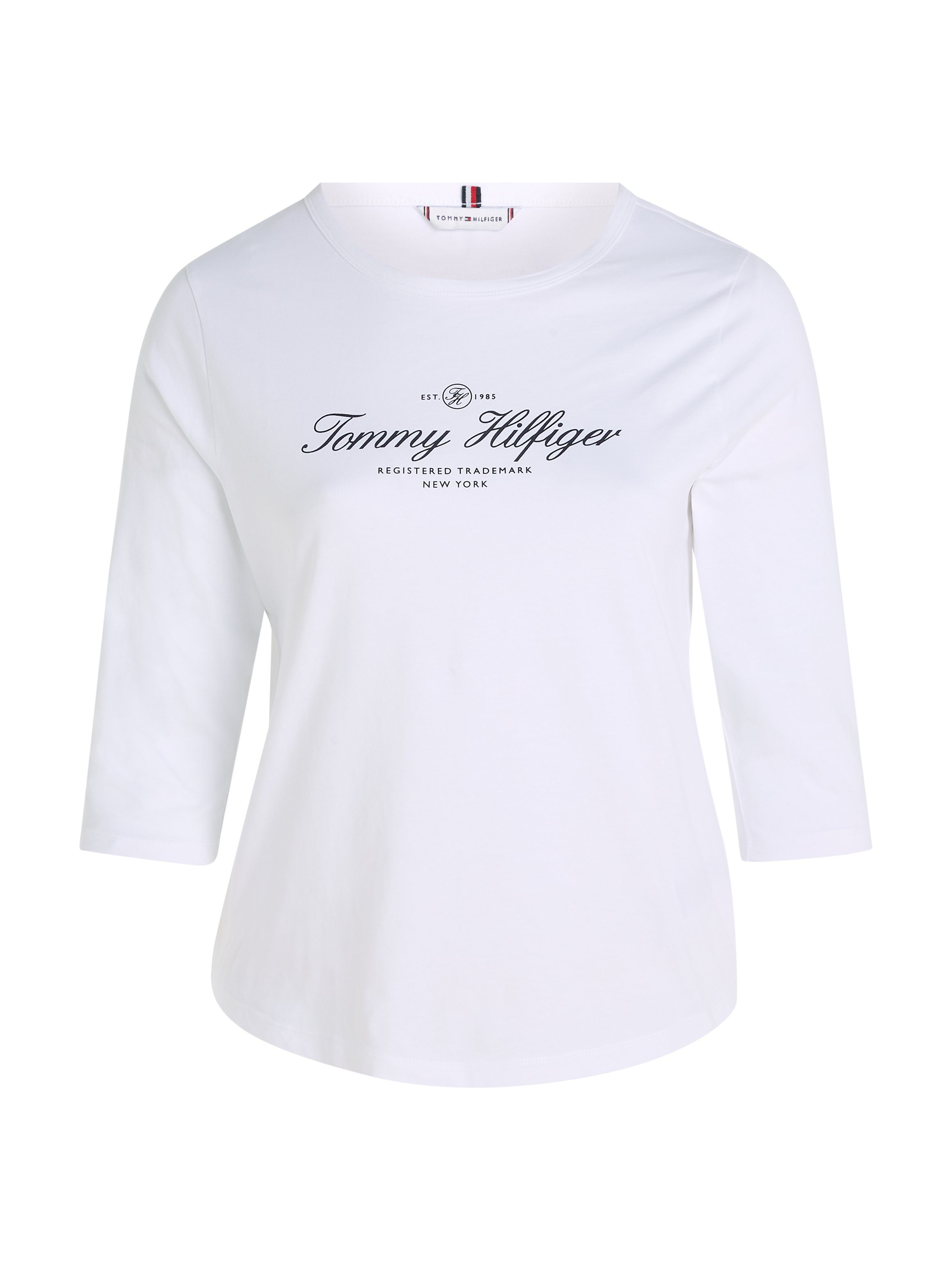 Th_Optic_White CRV PLUS Langarmshirt Hilfiger SIGNATURE Tommy 3/4SLV Curve Signature SLIM Hilfiger CURVE,mit Tommy OPN NK Logo-Schriftzug SIZE