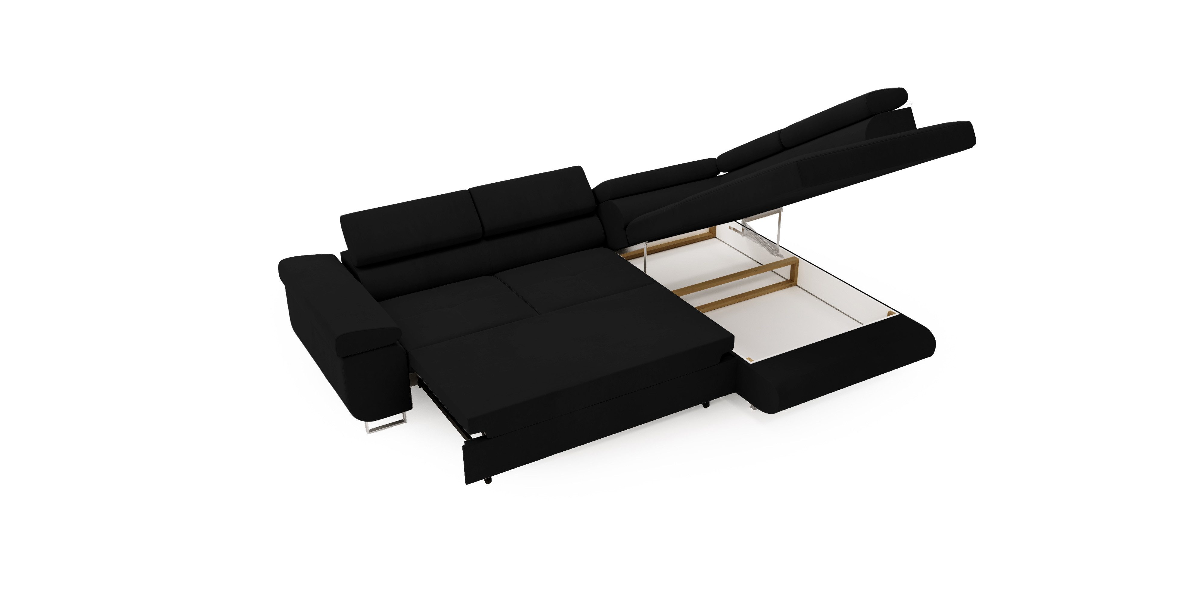 Goldstoff Ecksofa mit Schlaffunktion - Designersofa, Sofa mit Bettfunktion & Bettkasten, Schlafsofa RIVIA, multifunktionale Couch mit verstellbaren Kopfstützen in schwarz