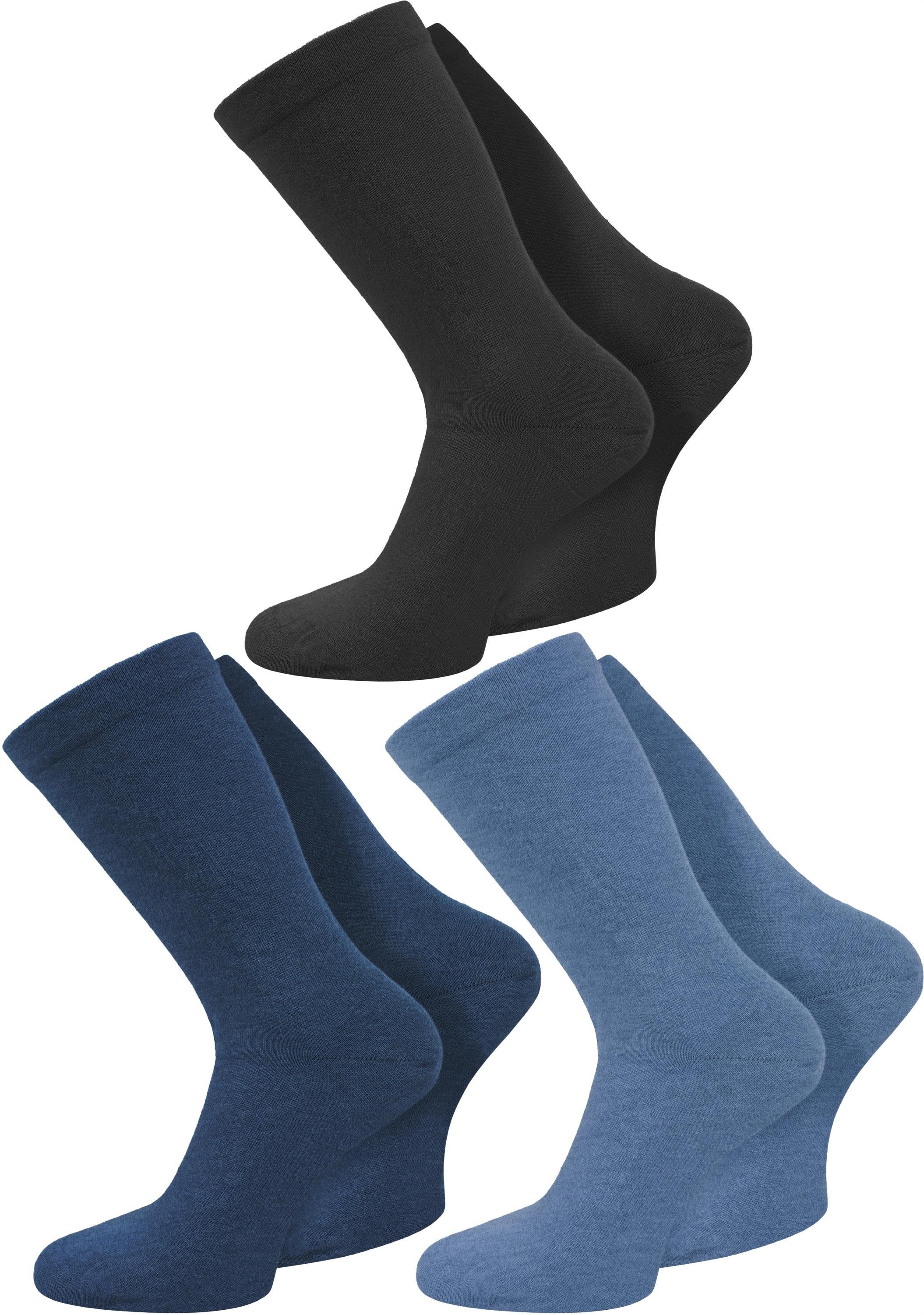 normani Diabetikersocken 6 Paar Gesundheitssocken mit Komfortbund (6 Paar) ohne einschneidendes Bündchen Jeansblau/Mittelblau/Schwarz