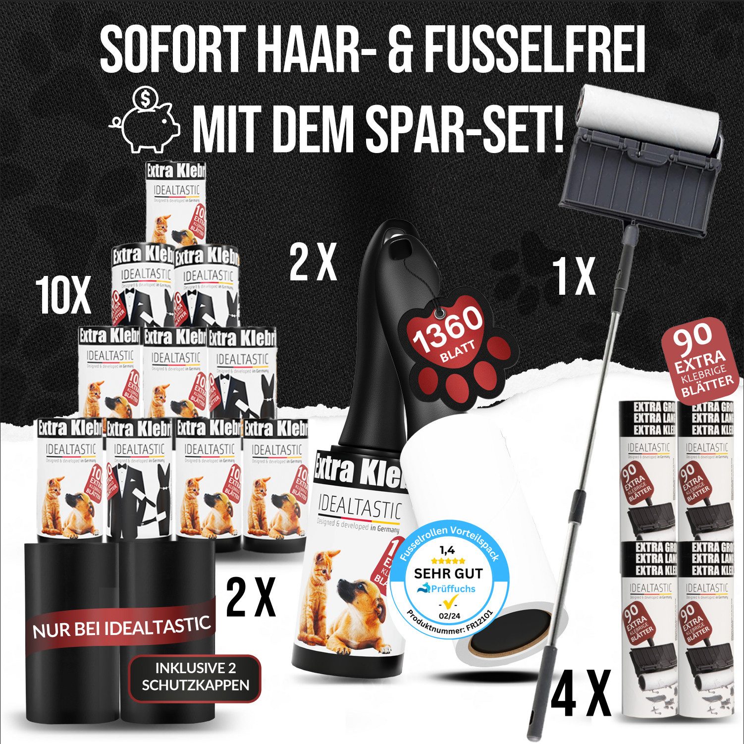 IDEALTASTIC Fusselroller Ausziehbare XXL Fusselrolle Tierhaare & Kleidung Fusselentferner, XXL Fusselrolle für Kleidung & Tierhaare, 4x90 Blatt