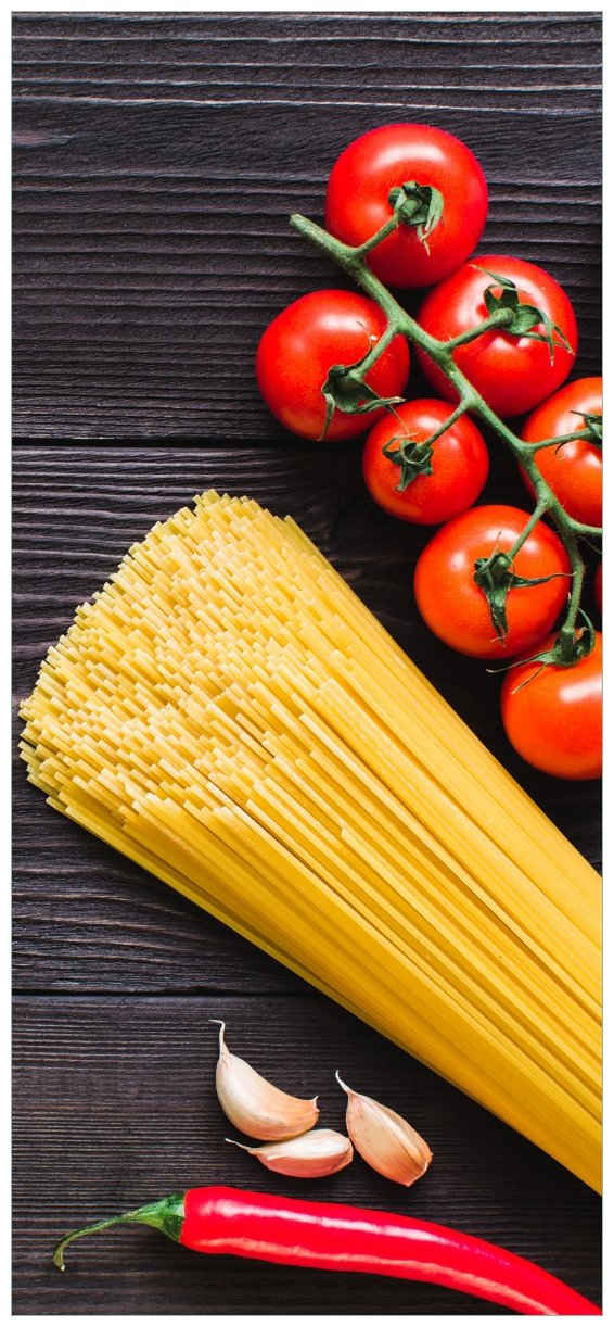 Wallario Türtapete Italienisches Menü mit Spaghetti, Tomaten, Salz und Chilischoten, glatt, ohne Struktur