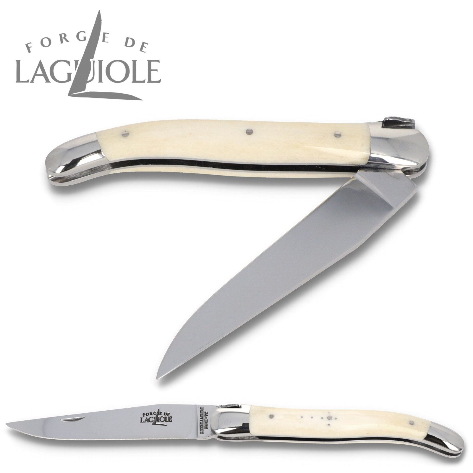 Forge de Laguiole Taschenmesser 1211 IN OS BRI, Griff 11cm Rinderknochen - Verzierte Feder - Klinge Backen glänzend