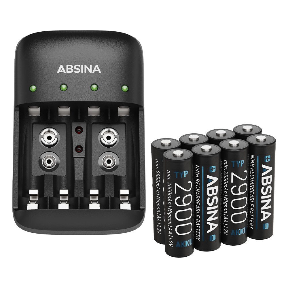 ABSINA Akku Ladegerät X4 für AA, AAA & 9V - Akkuladegerät inkl 8x AA Akkus Rundzellen-Lader (1-tlg)