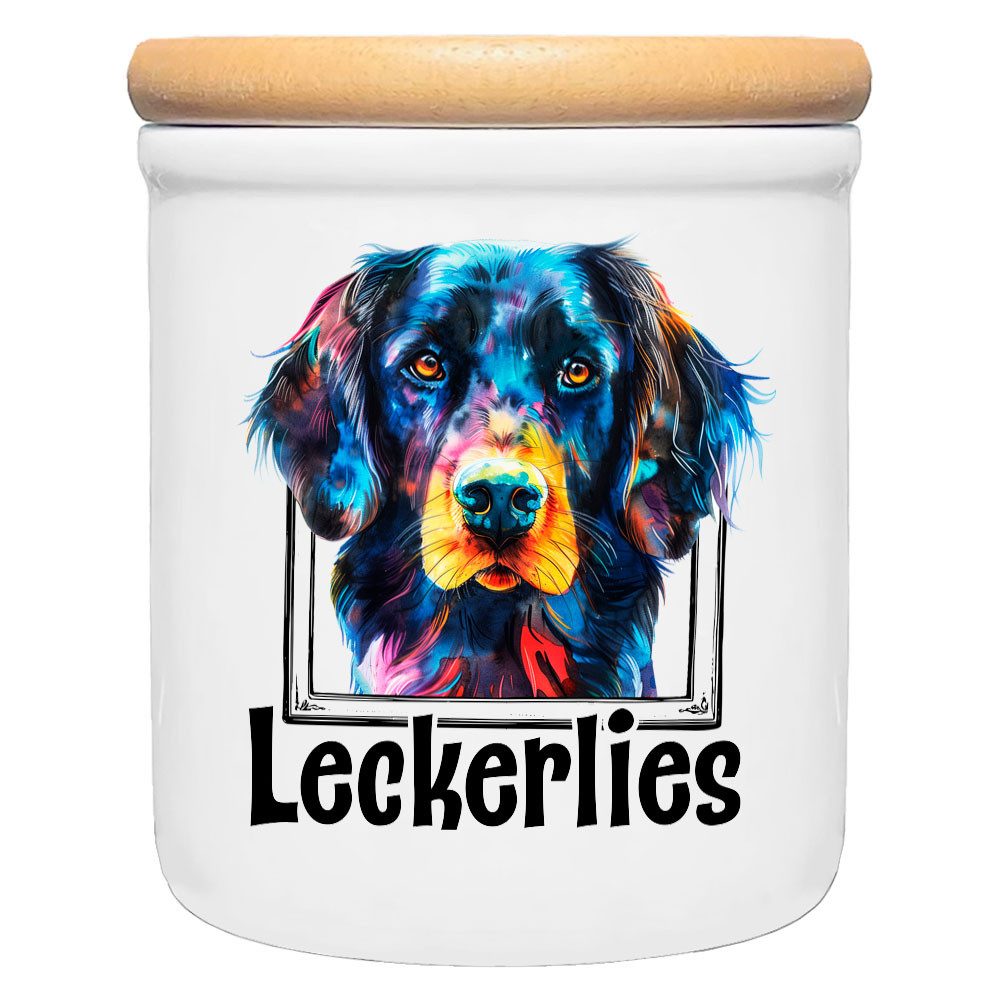 Cadouri Vorratsdose FLAT COATED RETRIEVER - Leckerlidose Hund - für Hundekekse, Keramik, (Leckerlidose mit Hunderasse, 2-tlg., 1x Keramikdose mit Holzdeckel), Hundekeksdose, handgefertigt in Deutschland, für Hundebesitzer, 400 ml