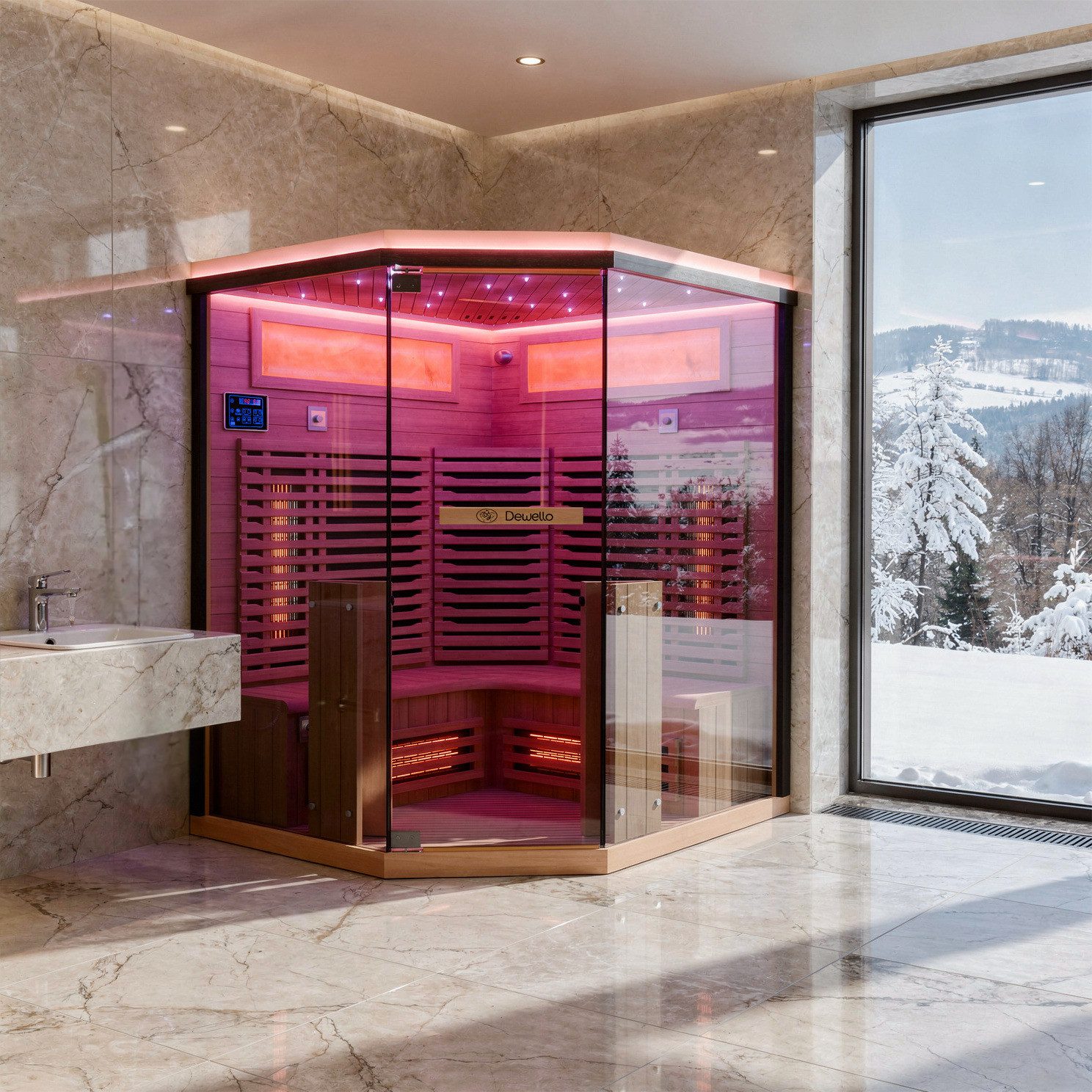 Dewello Sauna KENORA 140 Wärmekabine, 2-3 Personen, 7 Vollspektrumstrahler, BxTxH: 140 x 141 x 190 cm, (aus Hemlock-Tannenholz, leichter Aufbau dank Stecksystem, inkl. Ionisator mit Ozondesinfektion und Aromatherapie, Bluetooth & FM) klappbare Frontstrahler