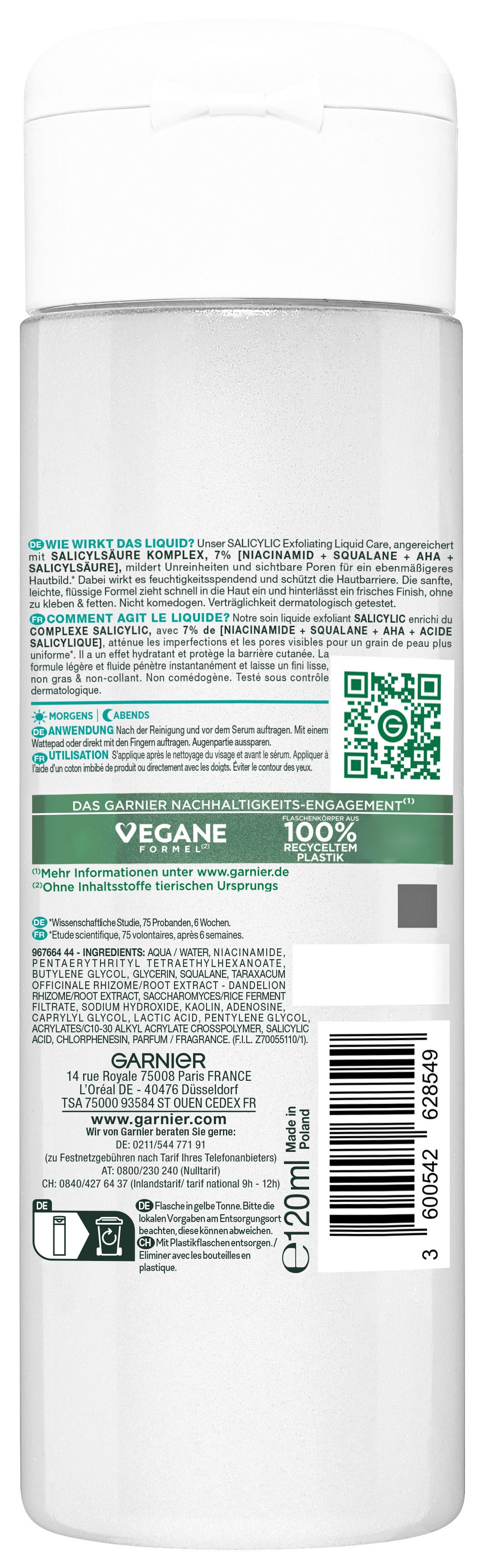 GARNIER Gesichtswasser MIZELLENWASSER SALICYLIC EXFOLIATING LIQUID CARE, Mildert Unreinheiten und sorgt für ein ebenmäßiges Hautbild.