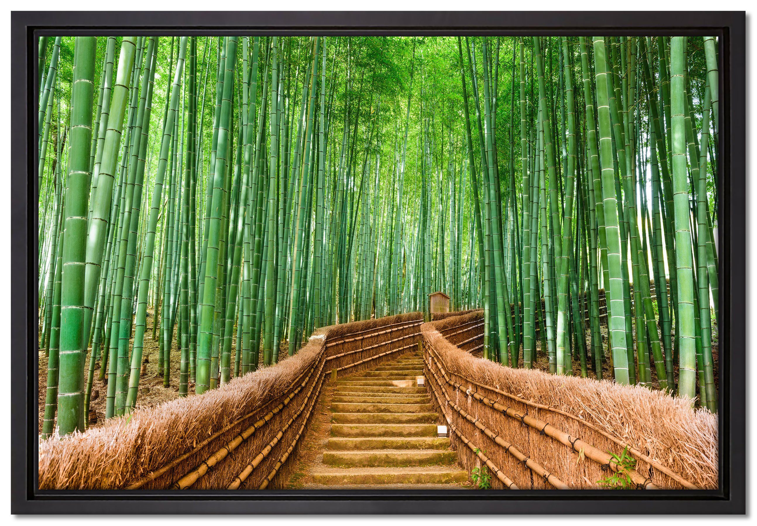 Pixxprint (1 bespannt, fertig Bambuswald, Kyoto Japan inkl. in Leinwandbild Zackenaufhänger gefasst, einem Wanddekoration St), Schattenfugen-Bilderrahmen Leinwandbild
