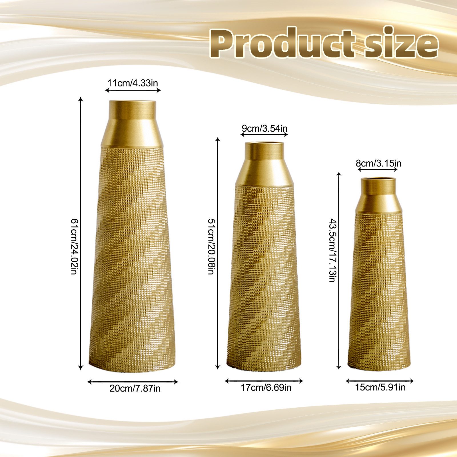 BlingBin Bodenvase 3er Set Deko-Bodenvase, Halbhandgefertigte Metallvasen mit Textur (3er Set, 3 St., Groß: 20*20*61CM/Mittel: 17*17*51CM/Klein: 15*15*43,5CM), Dekorative Vase für Wohnzimmer, Flur und Schlafzimmer, Gold