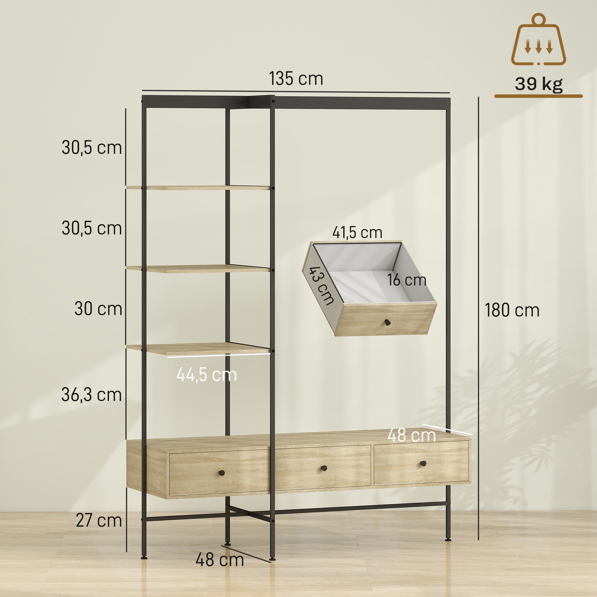 HOMCOM Garderobenständer Metallrahmen Kippschutz Eiche, (Set, 1 St., 1), Multifunktionale Flurgarderobe mit hohem Stauraum