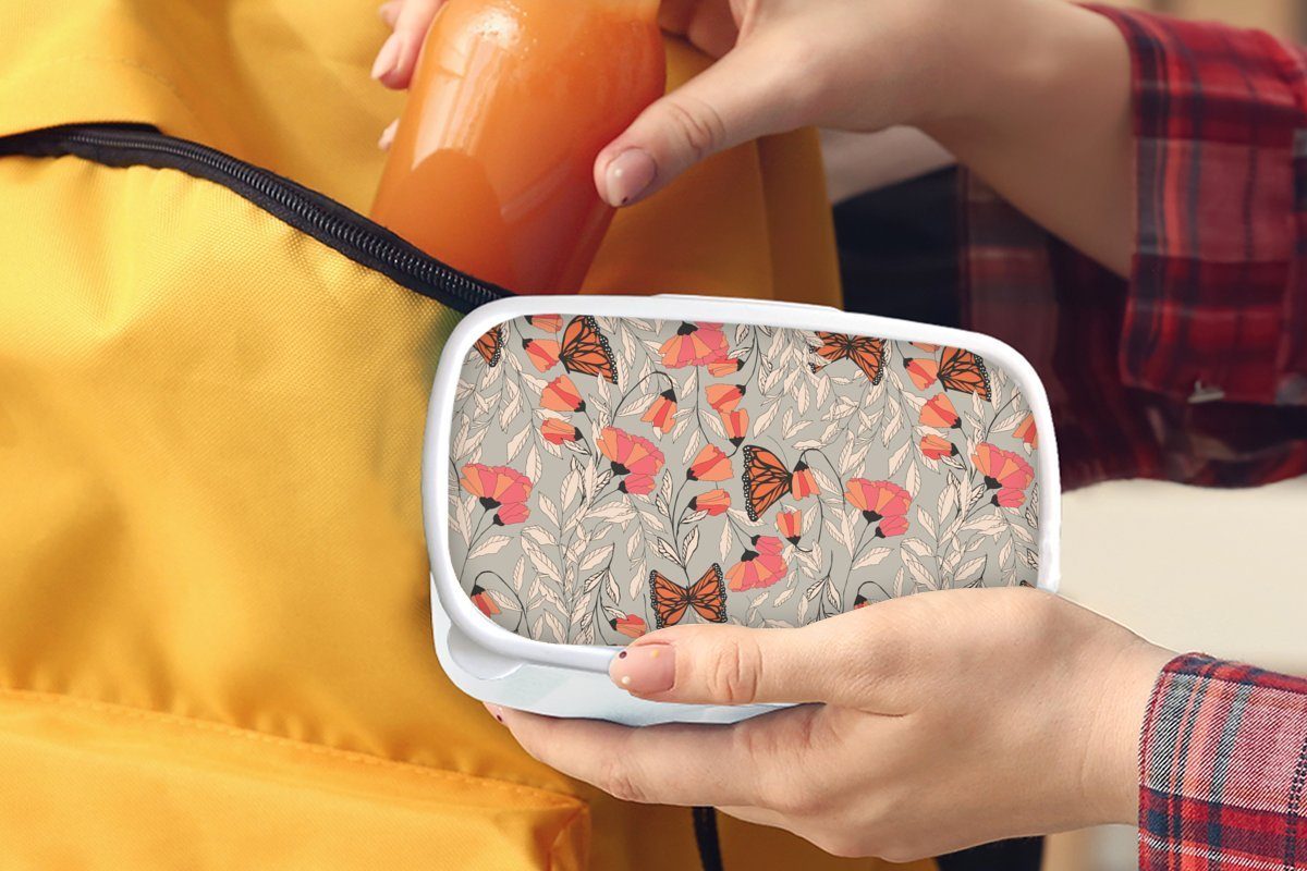 MuchoWow Lunchbox Schmetterlinge - Muster Jungs Kunststoff, weiß - (2-tlg), Brotdose, Brotbox und für Kinder Tiere, für Erwachsene, Mädchen und