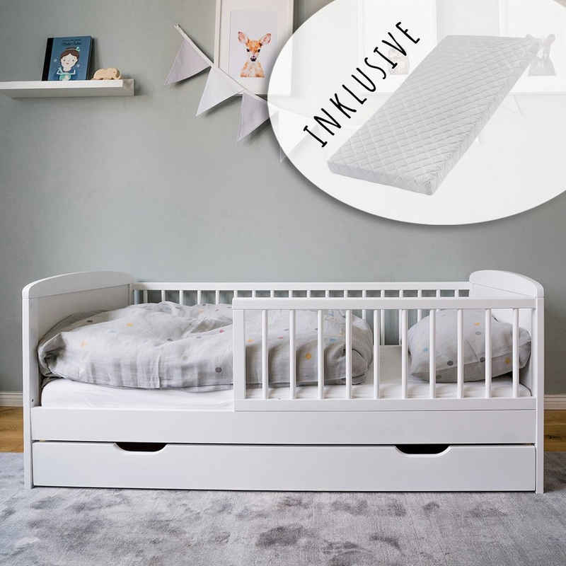 Kids Collective Kinderbett 70x140 cm mit Schublade, Lattenrost und Rausfallschutz in weiß, mit Bettkasten, Junior-Bett bis zum 6. Lebensjahr, mit Matratze, perfekte Größe nach Gitterbett