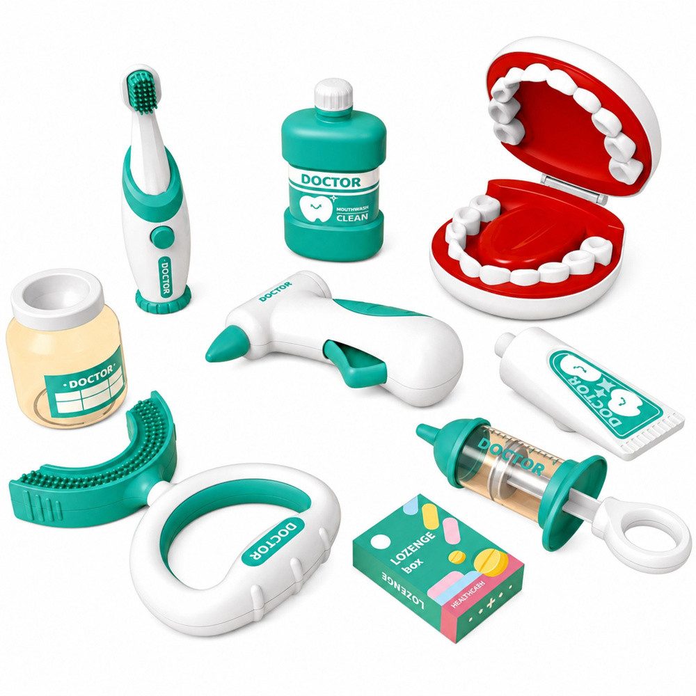 LEAN TOYS Zahnbürste Zahnarztset Spielzahnbürste Rollenspiel, 15-teilig, Vibrationszahnbürste, Kiefermodell, Spritze