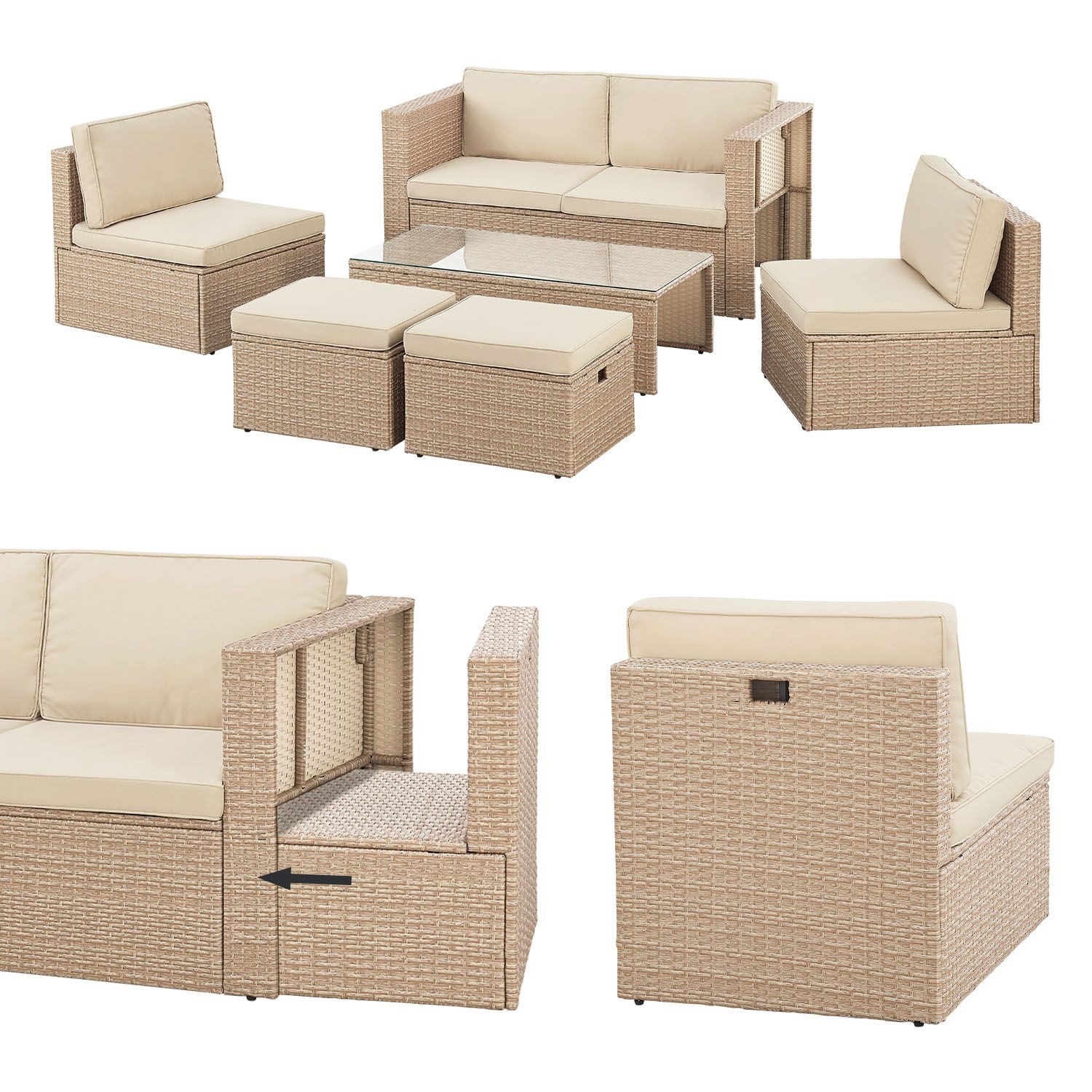 Juskys Gartenlounge-Set Salou, (6-tlg), für 6 Personen, Polyrattan, Glasplatte, wetterfest, mit Kissen