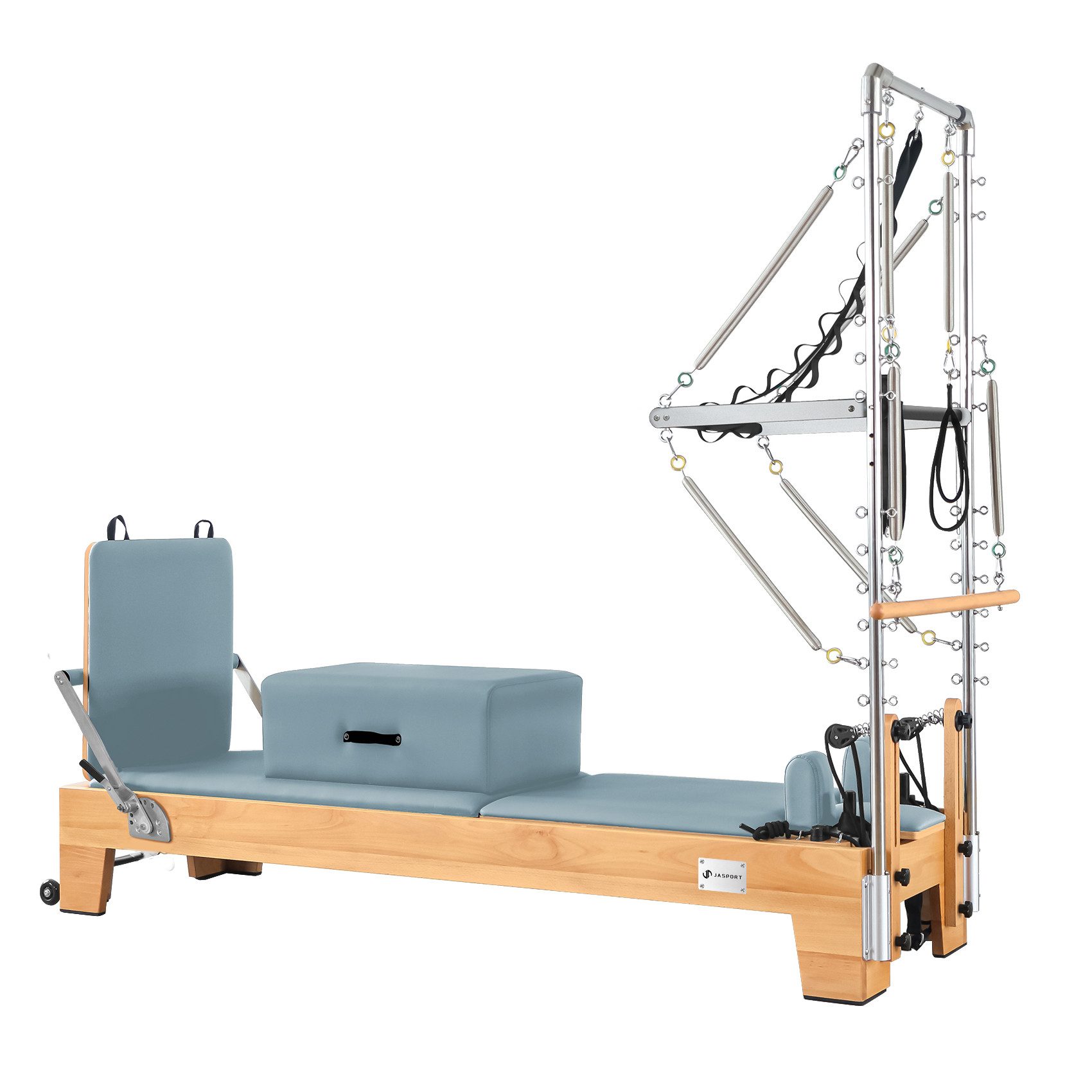 JASPORT Pilates-Reformer B80 mit Tower aus Buchenholz, 150 kg belastbar, (Pilates Reformer Set inkl. Tower und Zubehör), Massives Buchenholz, Mehrfaches Federsystem