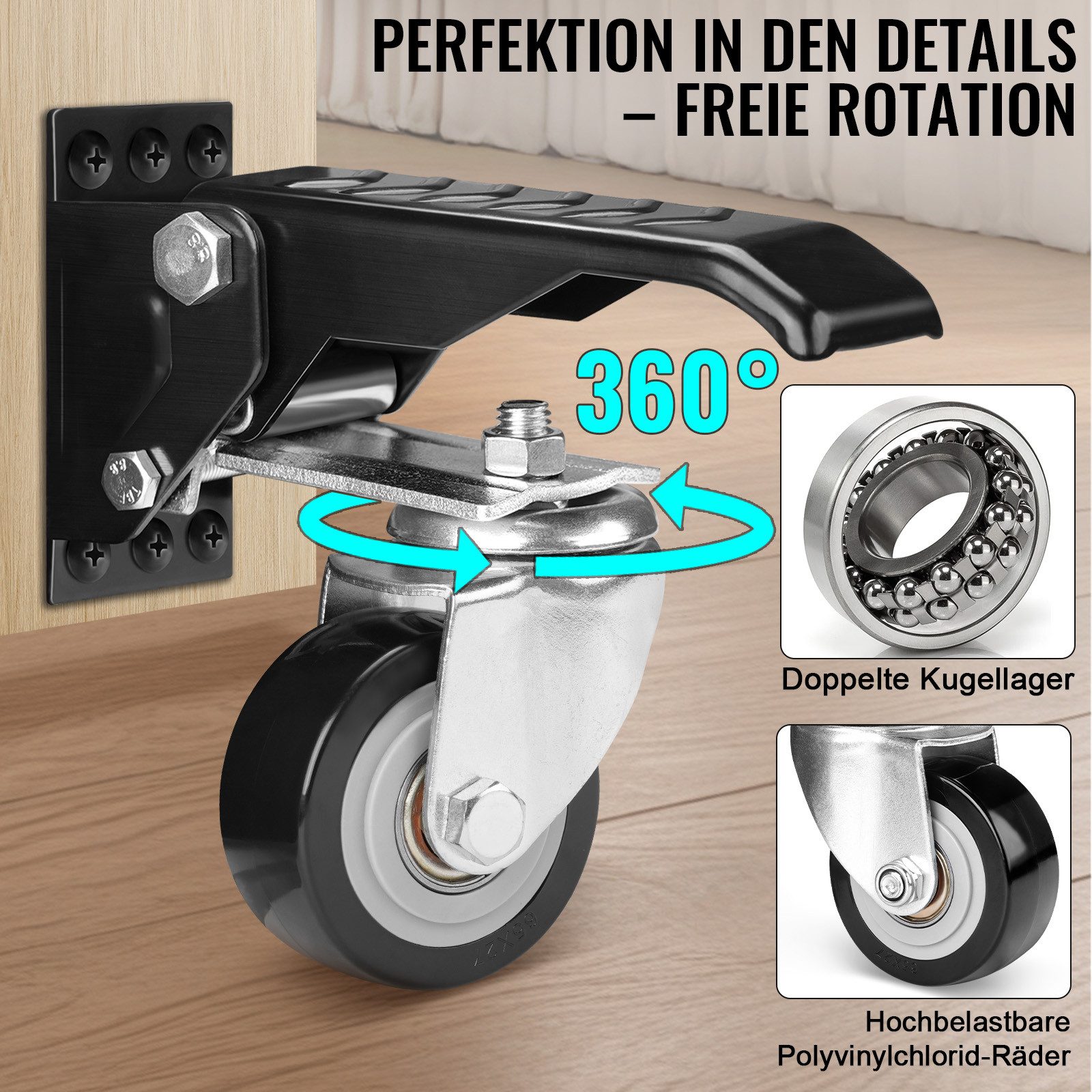 XERSEK Lenkrolle 4X Absenkbar Werkbank Werkbankrollen 50mm max.150kg Heberollen, (Möbelrollen Schwerlastrollen Lenkrollen 360°, 4-St., Drehbar Versenkbare Rollen Transportrollen), für Werkbänke, Tische, Schränke, Maschinen