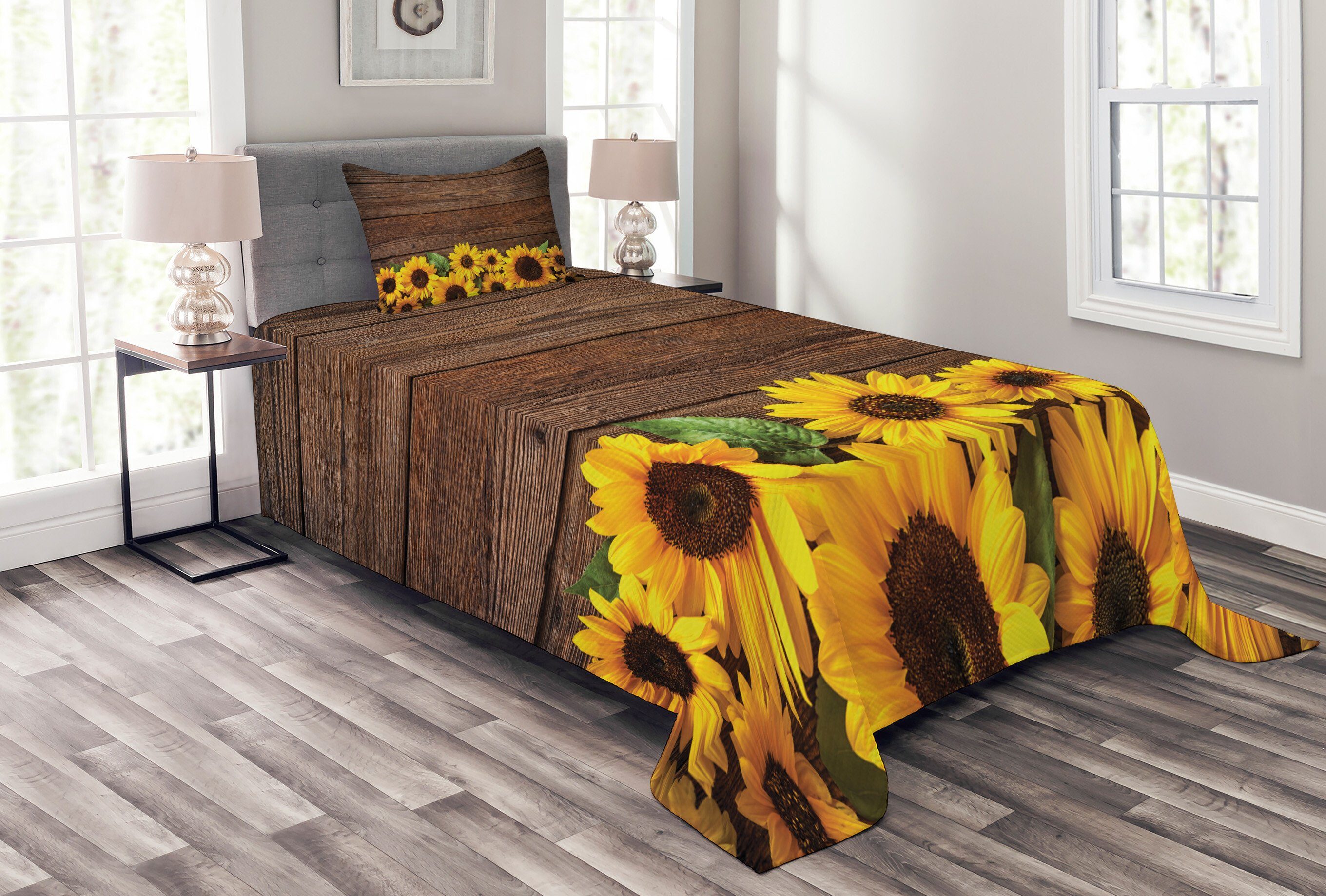 Tagesdecke Set mit Kissenbezügen Waschbar, Abakuhaus, rustikales Holz Herbst Sunflower Motiv