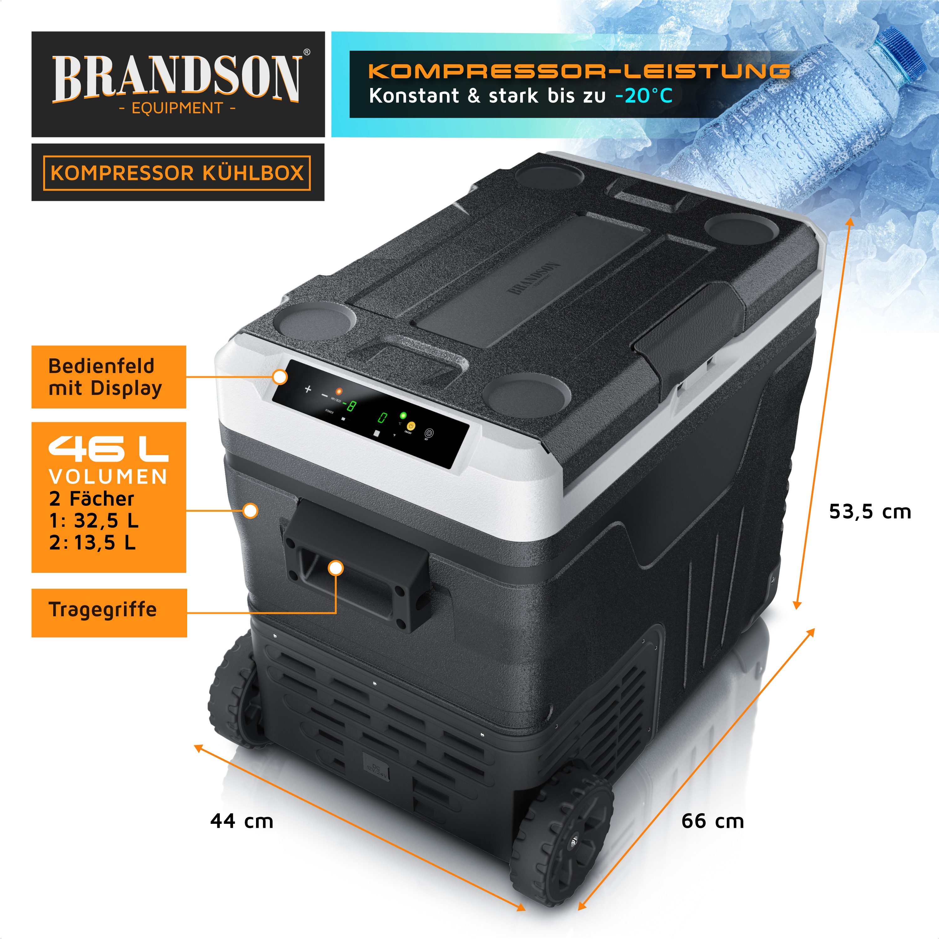 Brandson Elektrische Kühlbox Kompressor Kühlbox, bis – 20°C, ECO Modus, 46 L, für Auto & Haus, 46 l, 2-Zonen, -20°C Tiefkühlung, ECO, Trolley, Batteriewächter, LED-Display