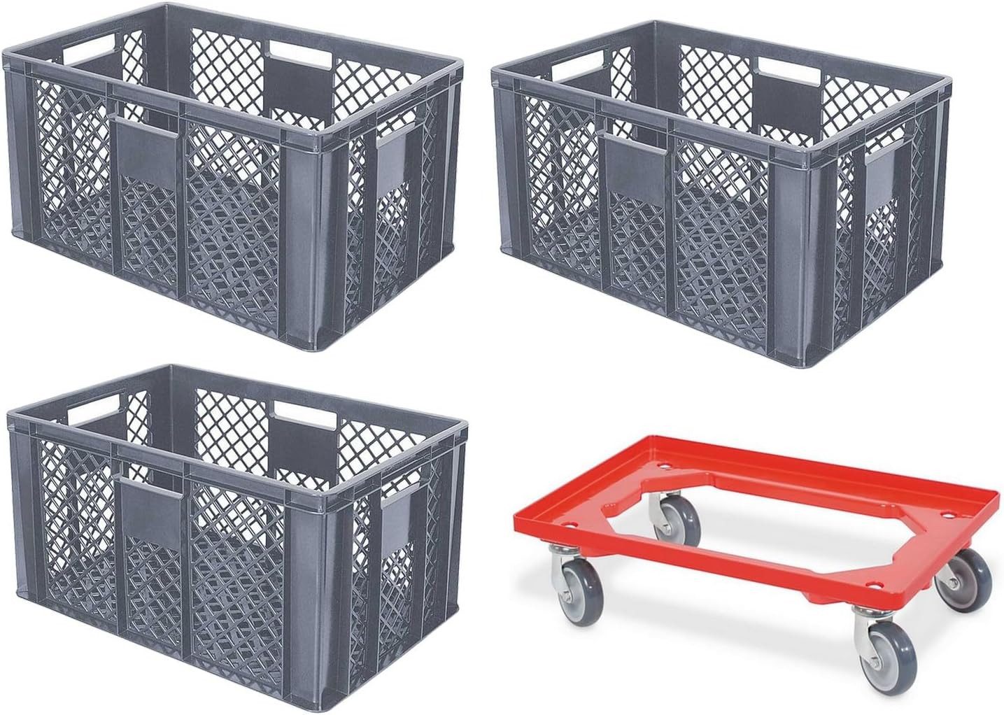 BRB-Lagertechnik Stapelbox 3x Eurobehälter/Bäckerkiste, LxBxH 600x400x320 mm + Transportroller, Stoßfest, robust und formstabil