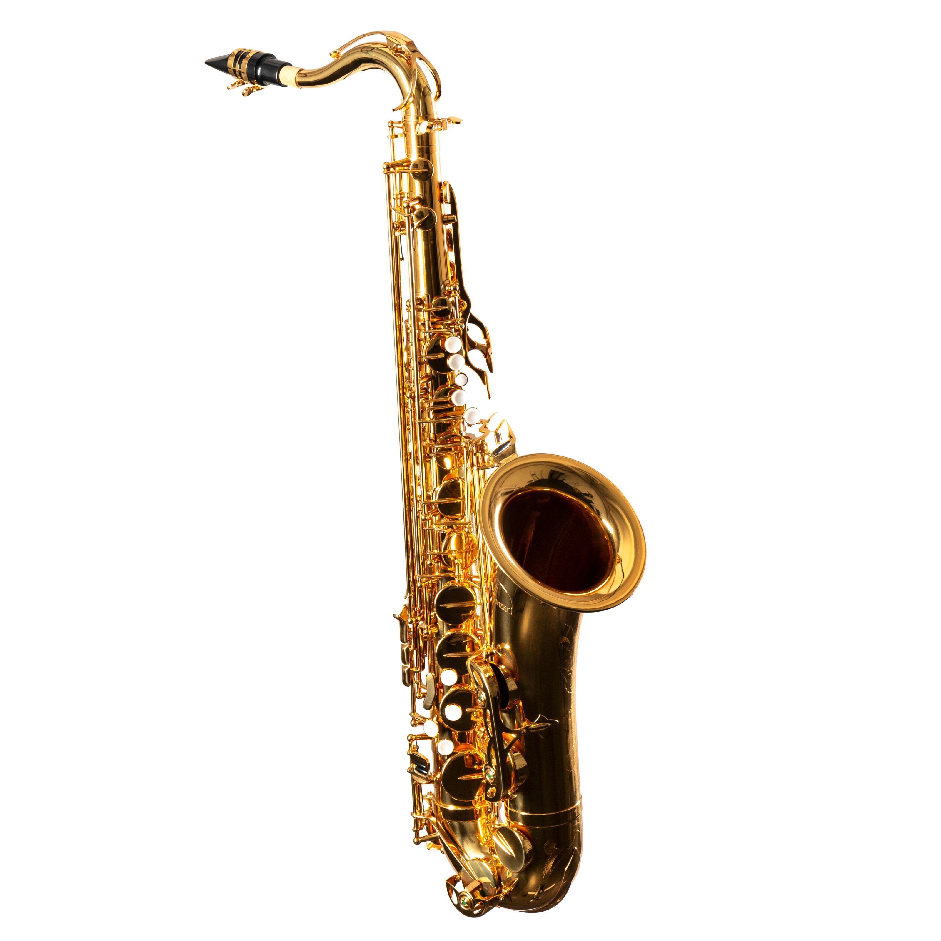 Monzani Saxophon, MZTS-310 Tenor Saxophon, Goldlack Lackiert, Messingklappen, Bb Stimmung, Professionelle Ansprache, Hochwertige Polster, Blaustahl Federn, Inklusive Mundstück, Wischer, Koffer, Gurt, Handgravur, Tenor Saxophon, Goldlack, Professionelle Ansprache