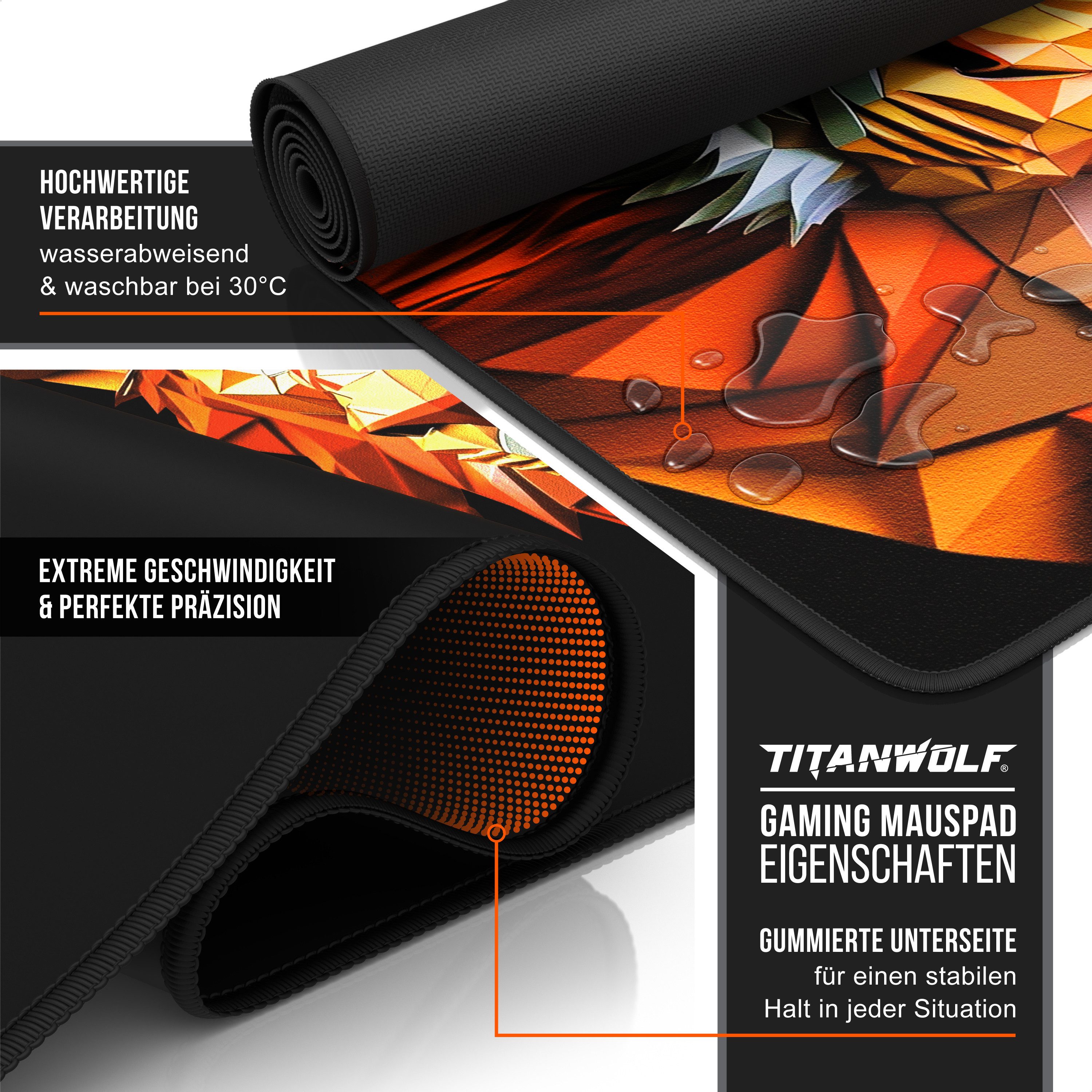 Titanwolf Gaming Mauspad XXL Speed Mousepad 900 x 400 x 3 mm, Schreibtischauflage, abwaschbar, rutschfeste Rückseite, Geschwindigkeit & Präzision, Polygon Lion