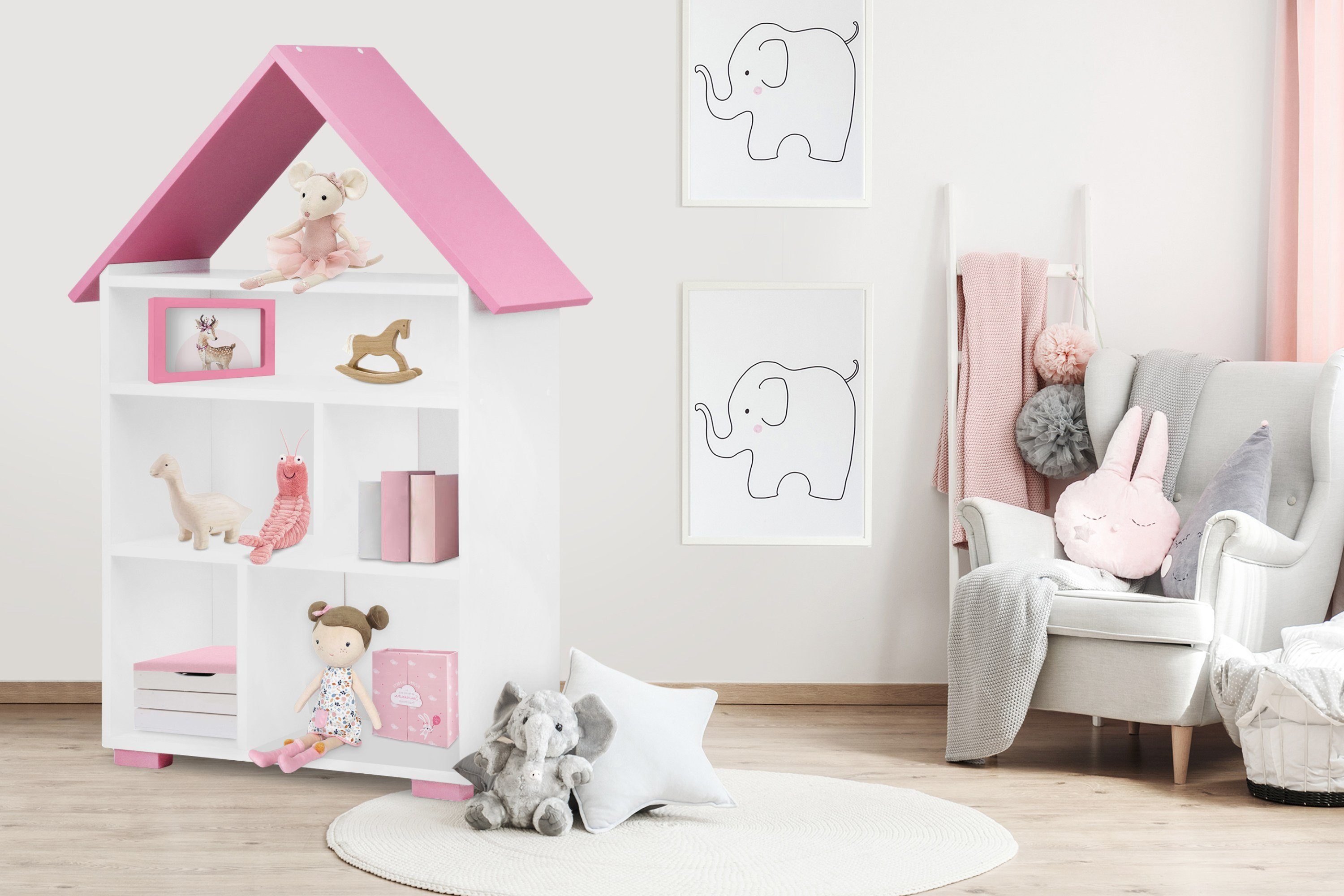Regal-Set Konsimo Kinderzimmer, Jugendzimmer-Set Möbel PABIS, Hausform weiß/rosa für (2tlg)