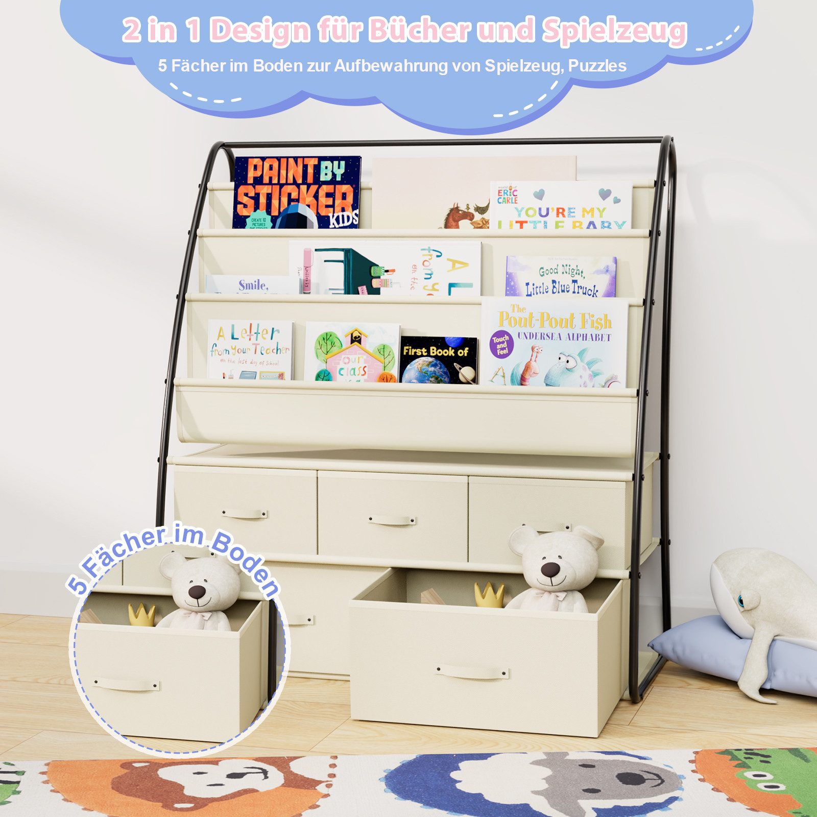 radelldar Kinderregal Kinder Bücherregal, Metall mit 5 Schubladen, 80x38x90 günstig online kaufen