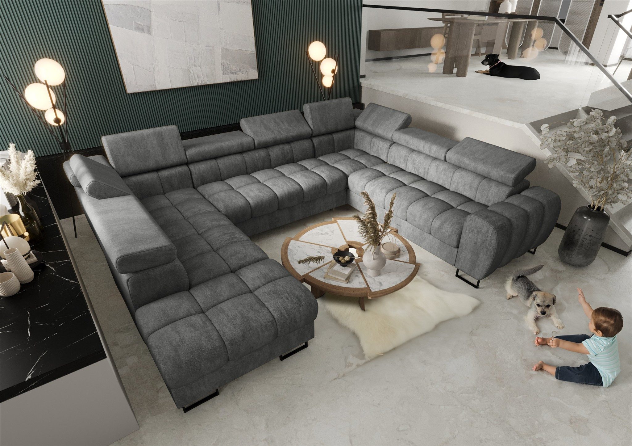 Fun Möbel Wohnlandschaft Schlafsofa BASTIEN XL mit Ottomanen in Stoff, inkl. Bettkästen, mit Rundumbezug, ausziehbare Liegefläche