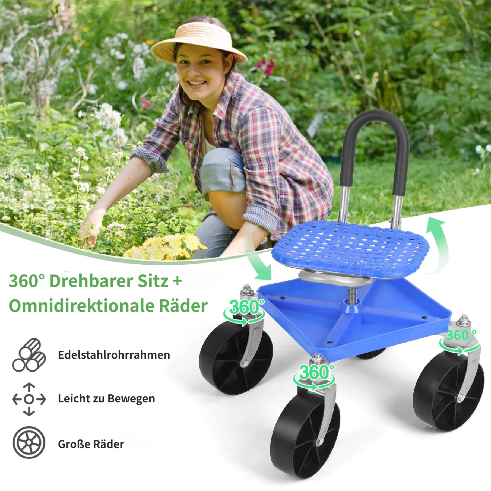 Rutaqian Rollsitz Fahrbarer Gartensitz mit Stauraum,Höhenverstellbar 51-61cm, (1 x Fahrbarer Rollsitz 1 x Schraubenschlüssel), 360° Drehbare Schwenkbarer Garten – Bild 5 von 5