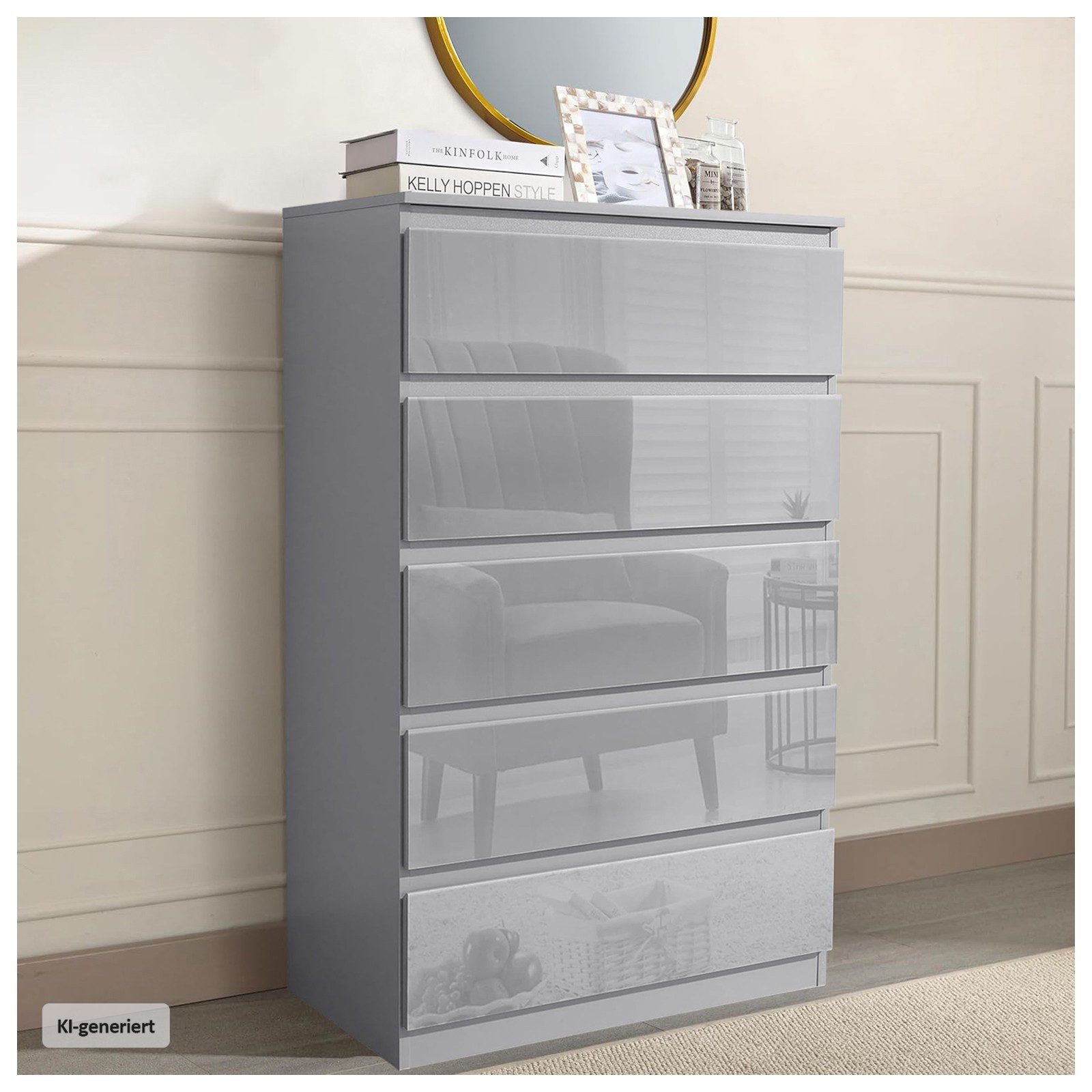 HTI-Living Kommode Kommode Kenji 5 Schubladen Hochglanz Grau (Stück, 1 St., 1 Kommode), Sideboard